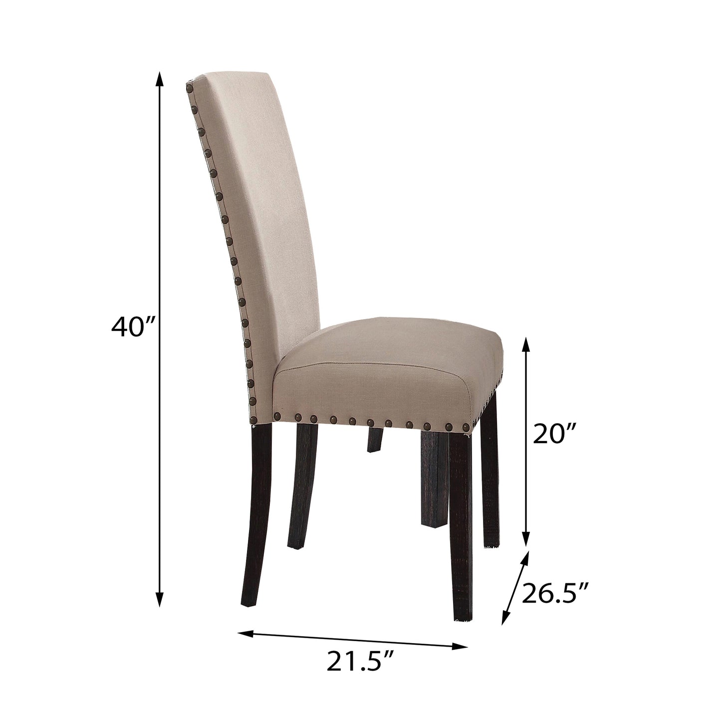Beige upholstered dining chair with dark wood legs and nailhead trim