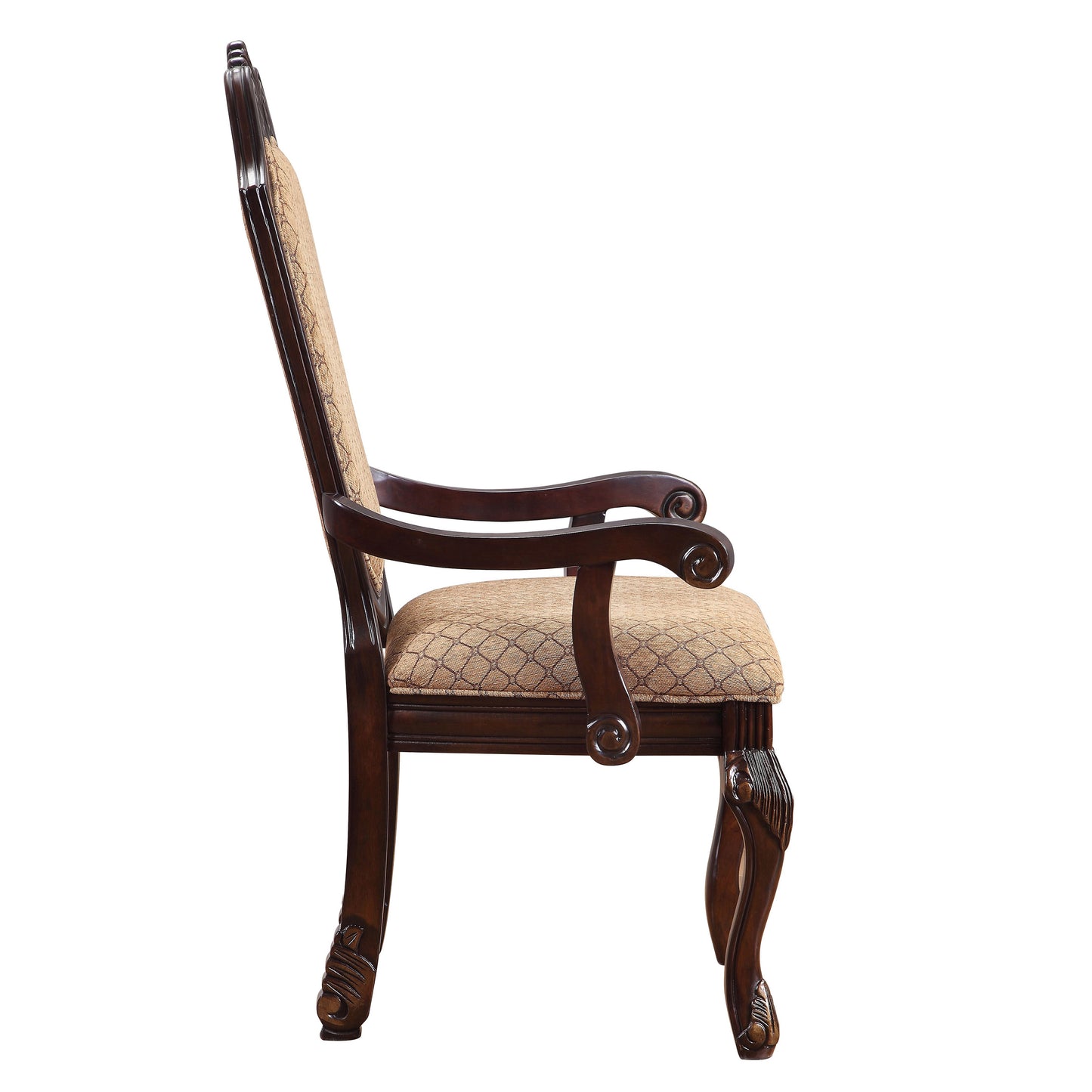 Elegant dark wood armchair with ornate carved legs and textured neutral upholstery