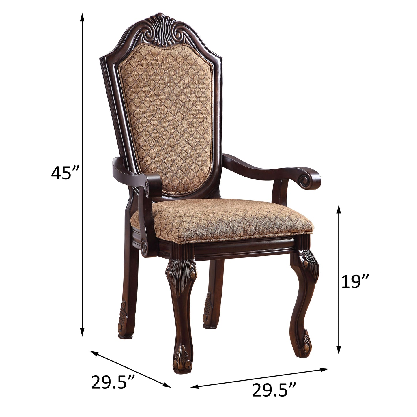 Ornate carved arm dining chair with upholstered seat and back in a diamond pattern