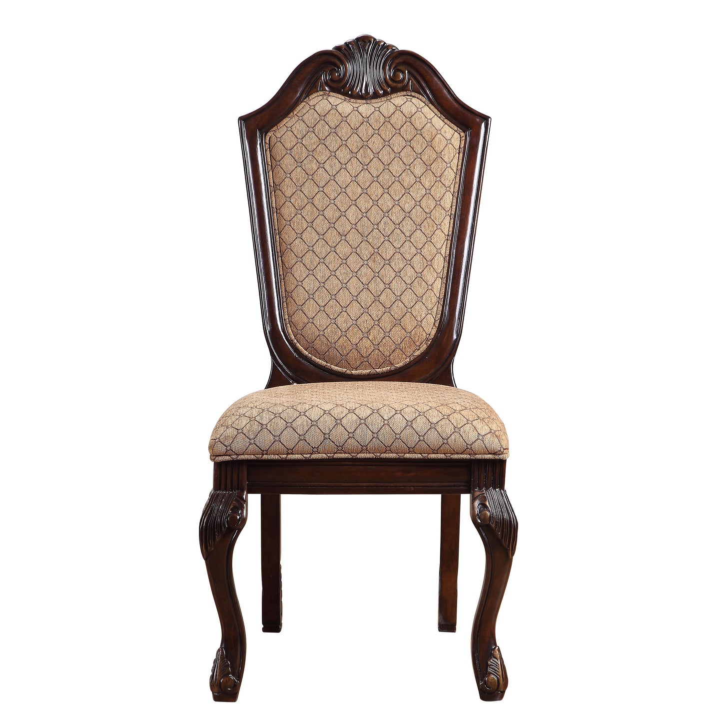 Ornate dark wood accent chair with beige diamond patterned upholstery and carved legs