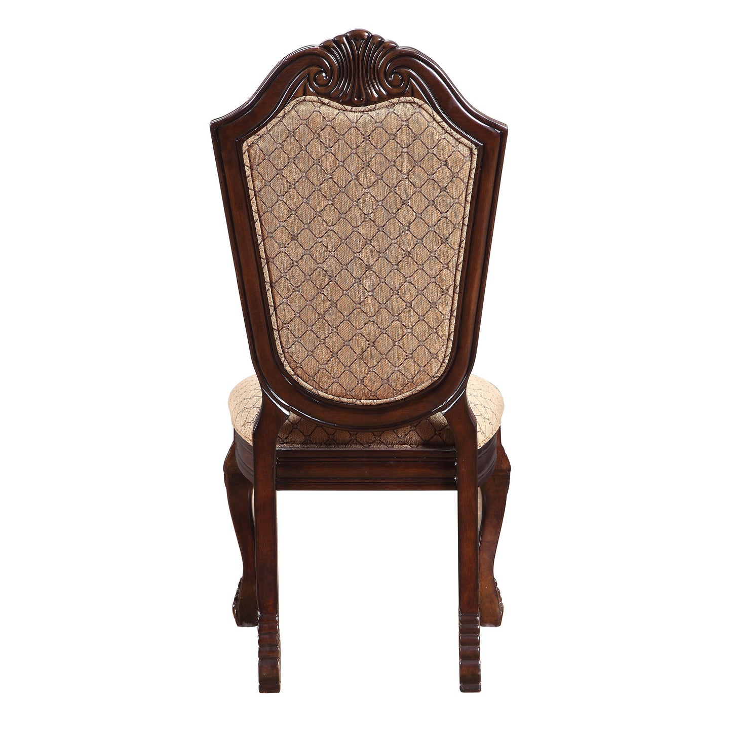 Back view of a classic carved wooden dining chair with ornate beige diamondpatterned upholstery