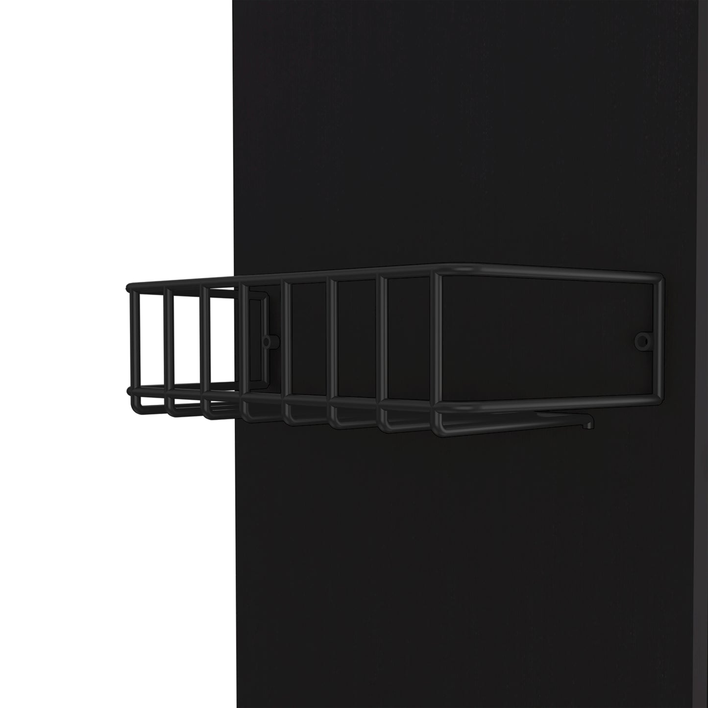 Black metal wallmounted shelf with wire cage design