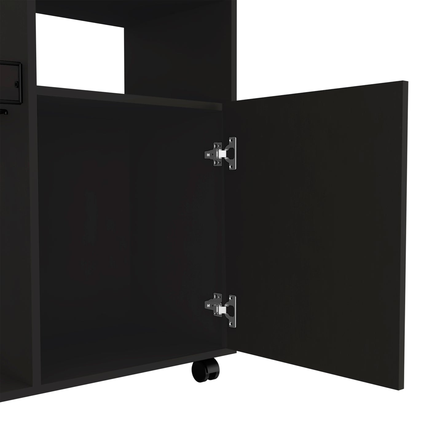 Black rolling cabinet with open door and silver hinge detail