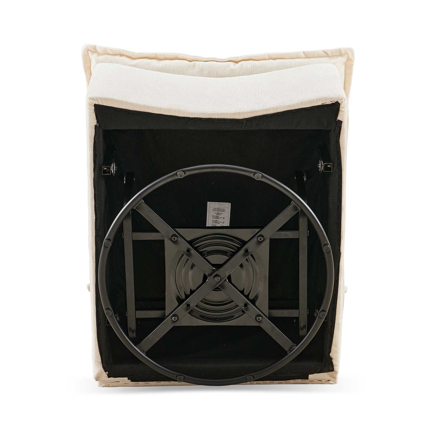 Cream upholstered stool base with black metal swivel mechanism and support frame