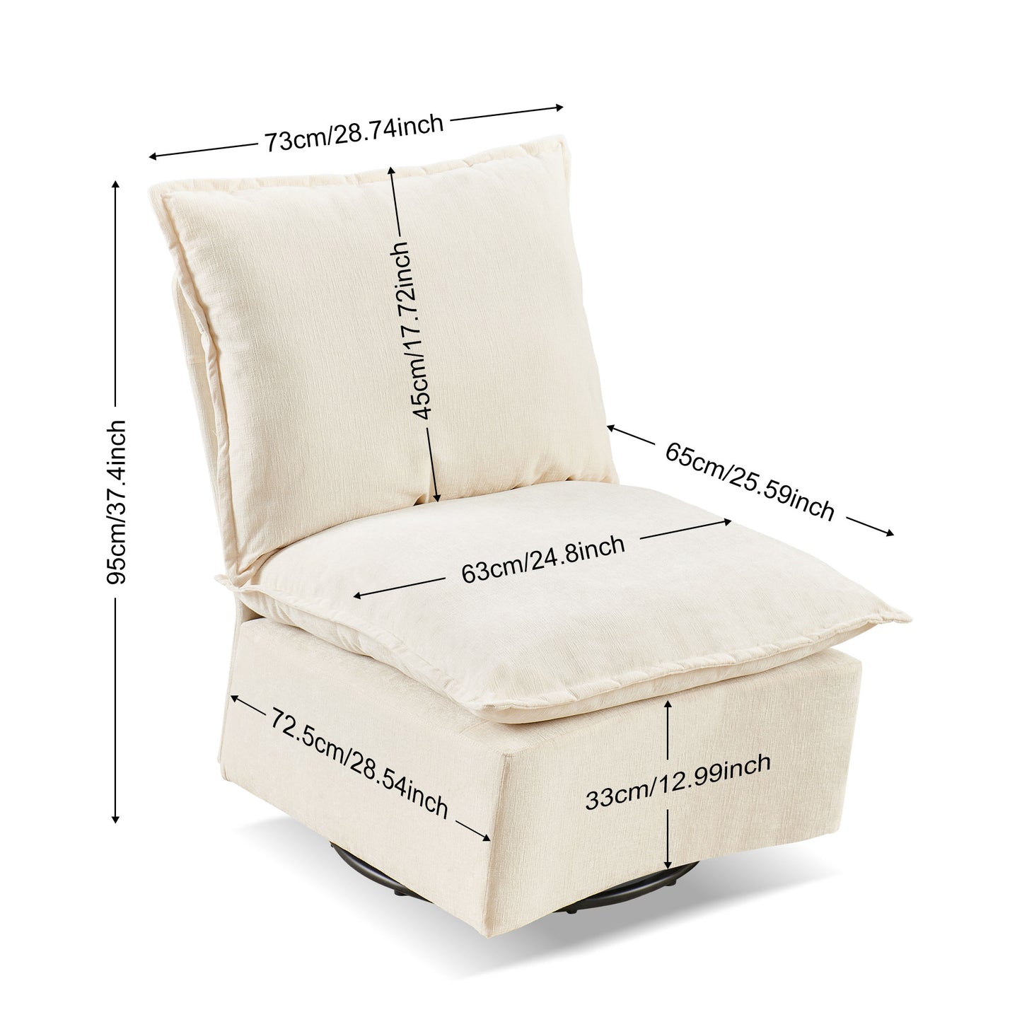 Cream upholstered swivel armchair with plush cushions and detailed dimensions