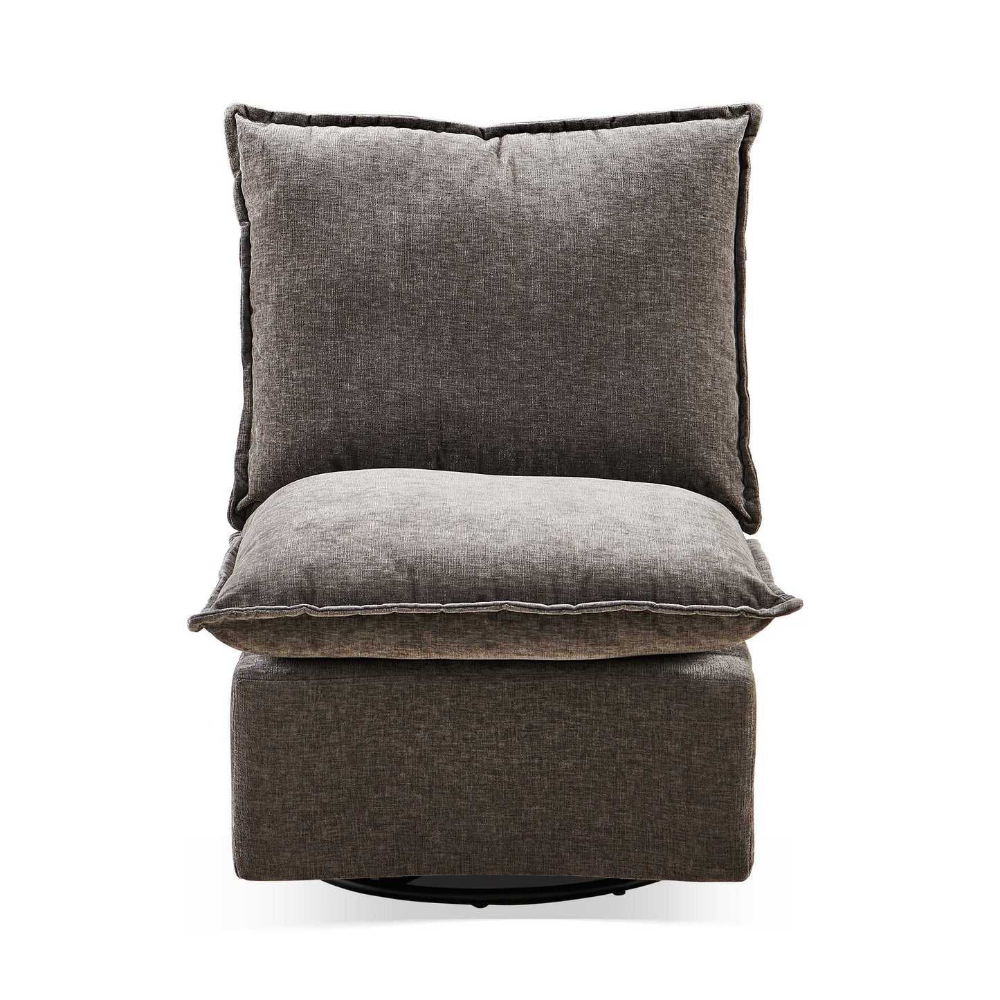 Plush charcoal fabric accent chair with deep seat cushions and removable back pillow