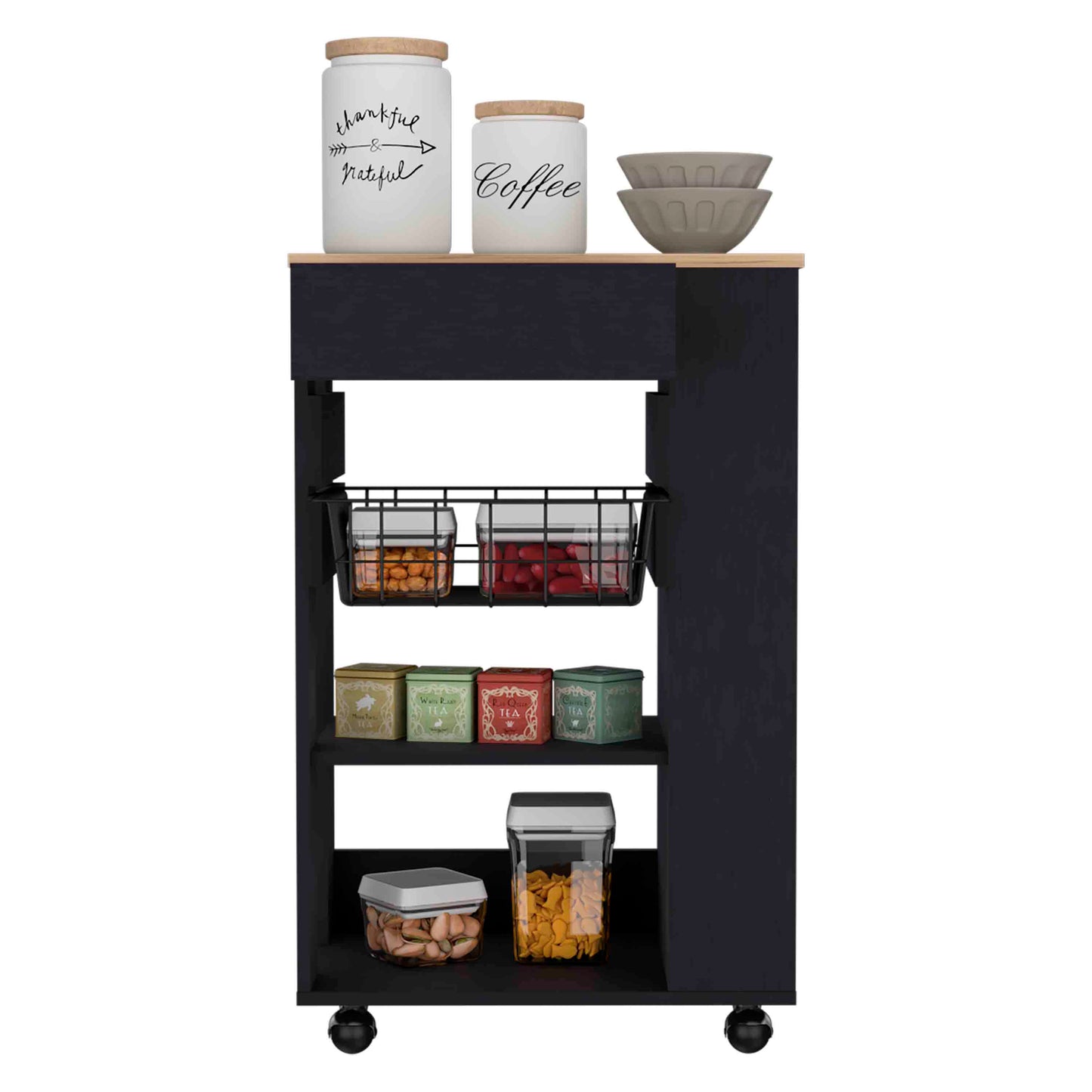 Black kitchen cart with canisters