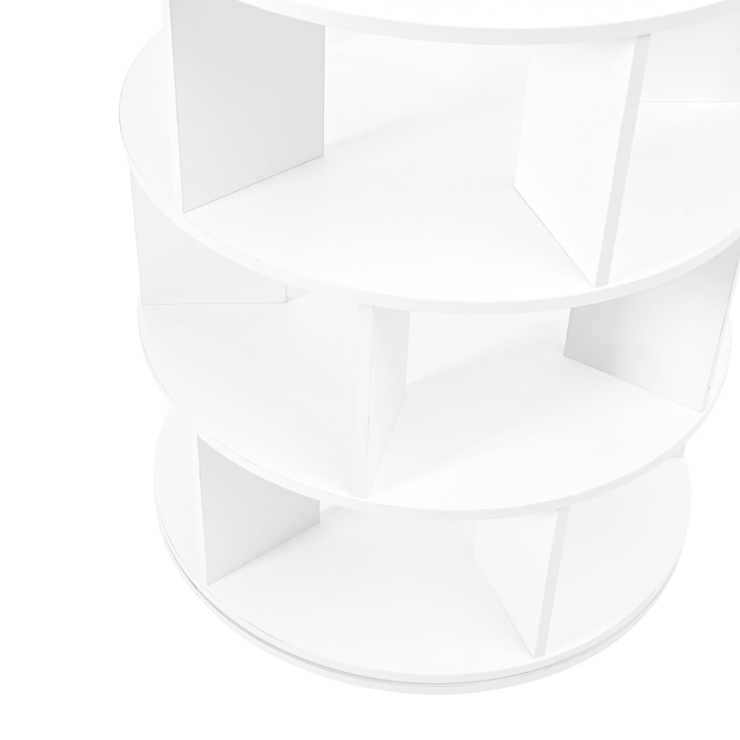 Modern white rotating bookshelf with tiered circular shelves for book storage