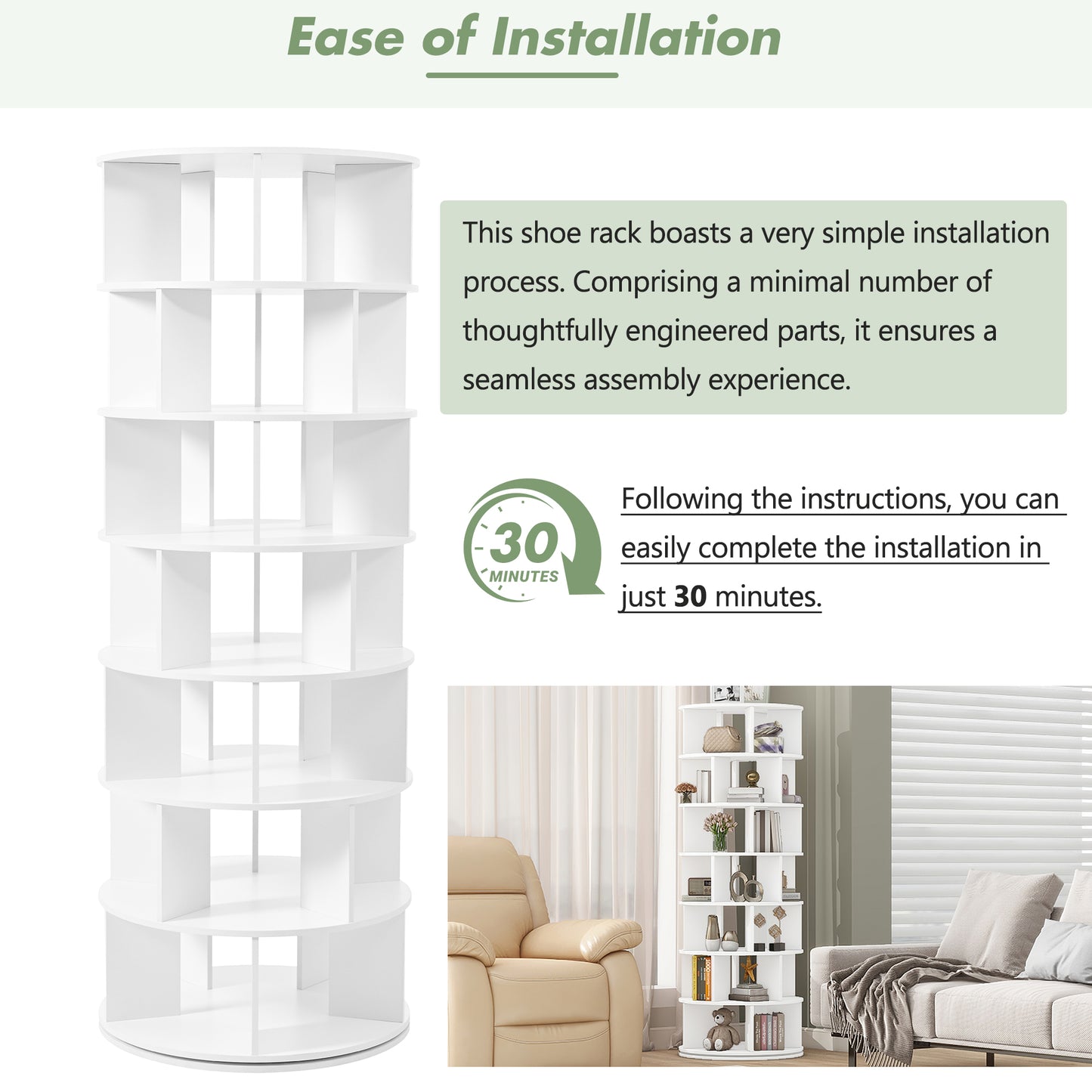 White rotating shoe rack with tiered shelving for organized entryway storage