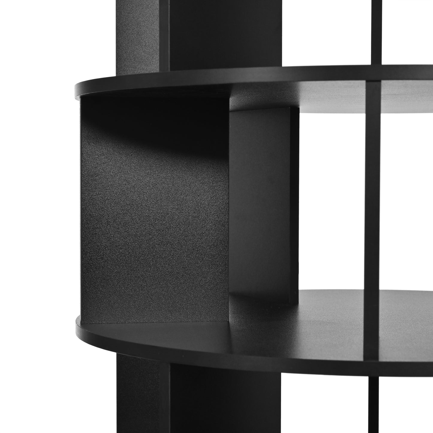 Black circular shelf unit with textured side panels modern design