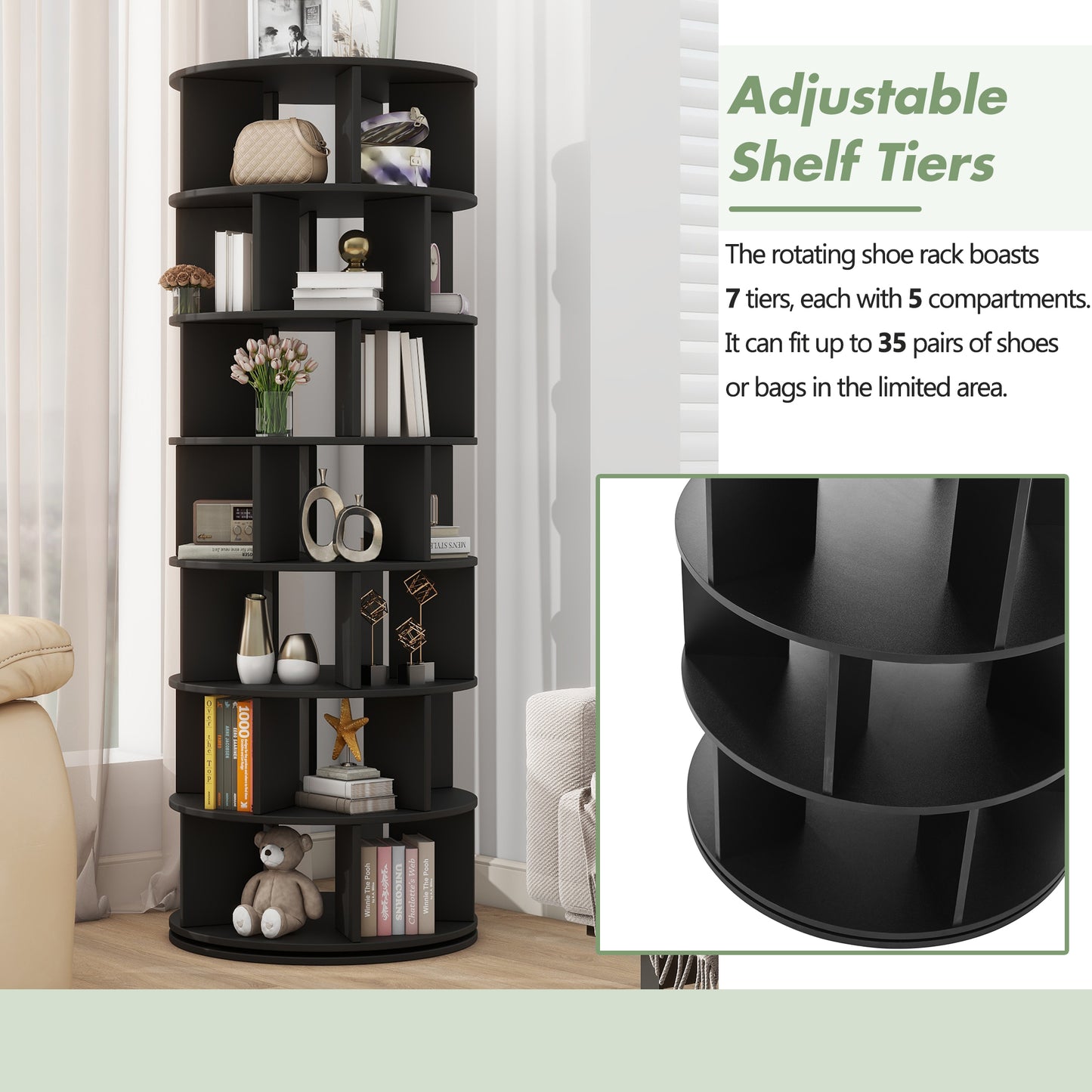 Black rotating bookshelf with tiers showcasing books and decorative items