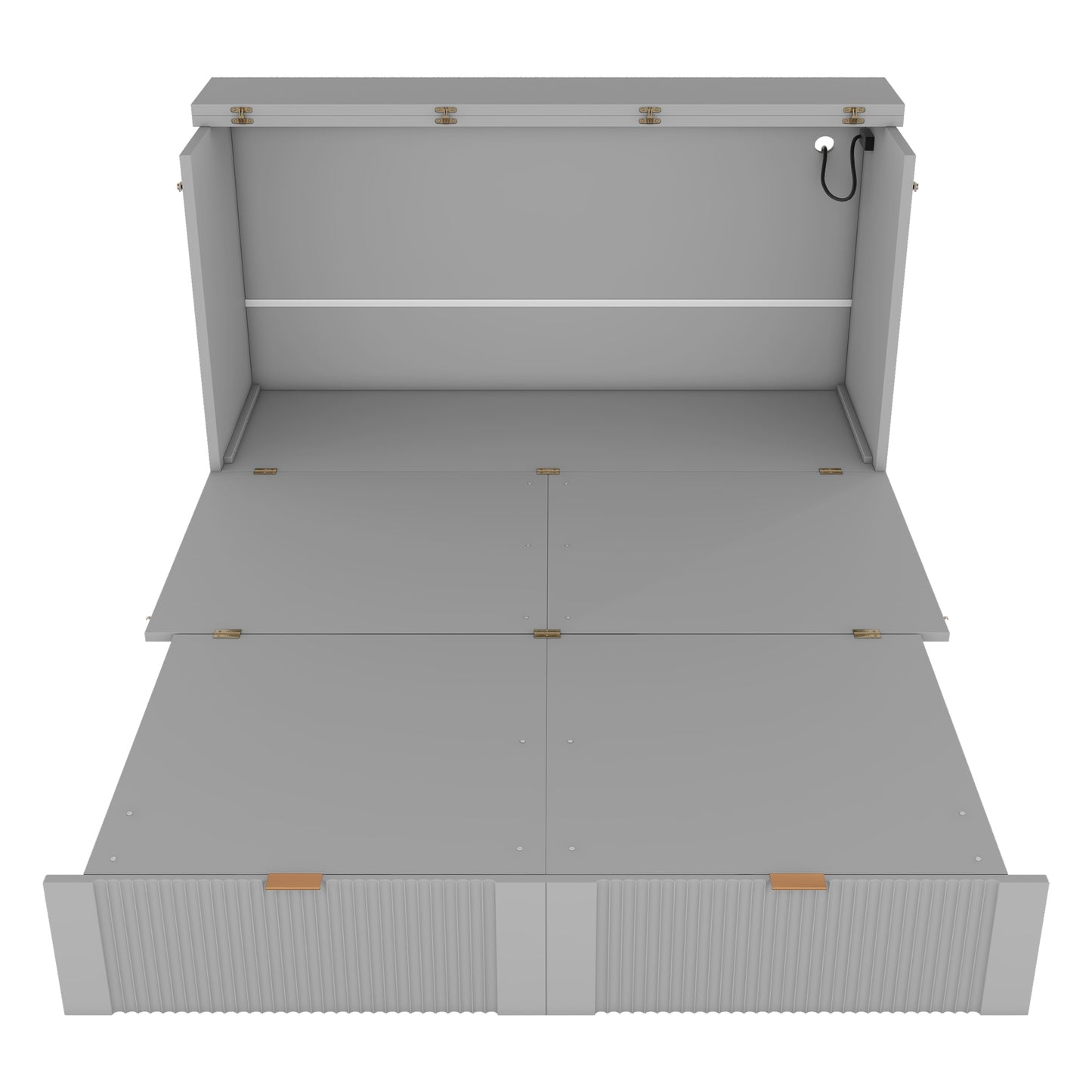 Open grey wallmounted desk with folddown writing surface and cable management