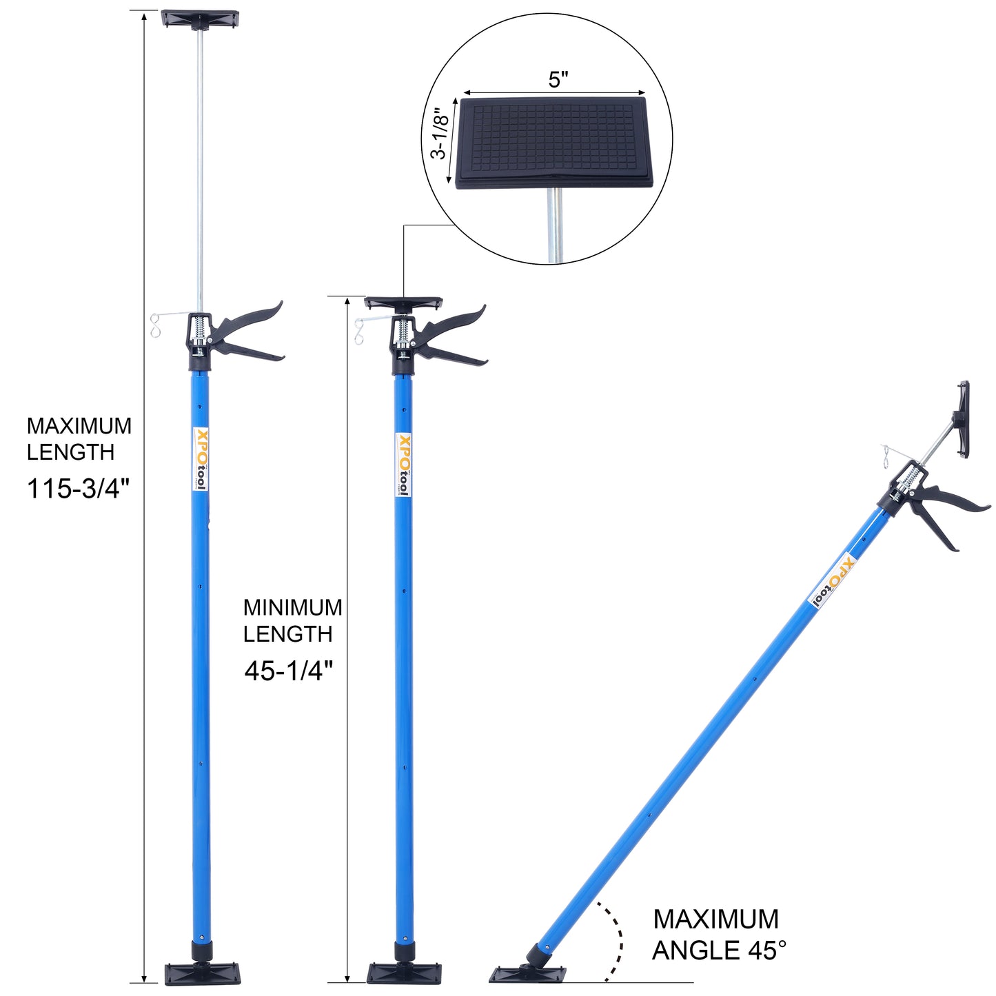 Blue adjustable pole jack with rubberized feet for drywall support