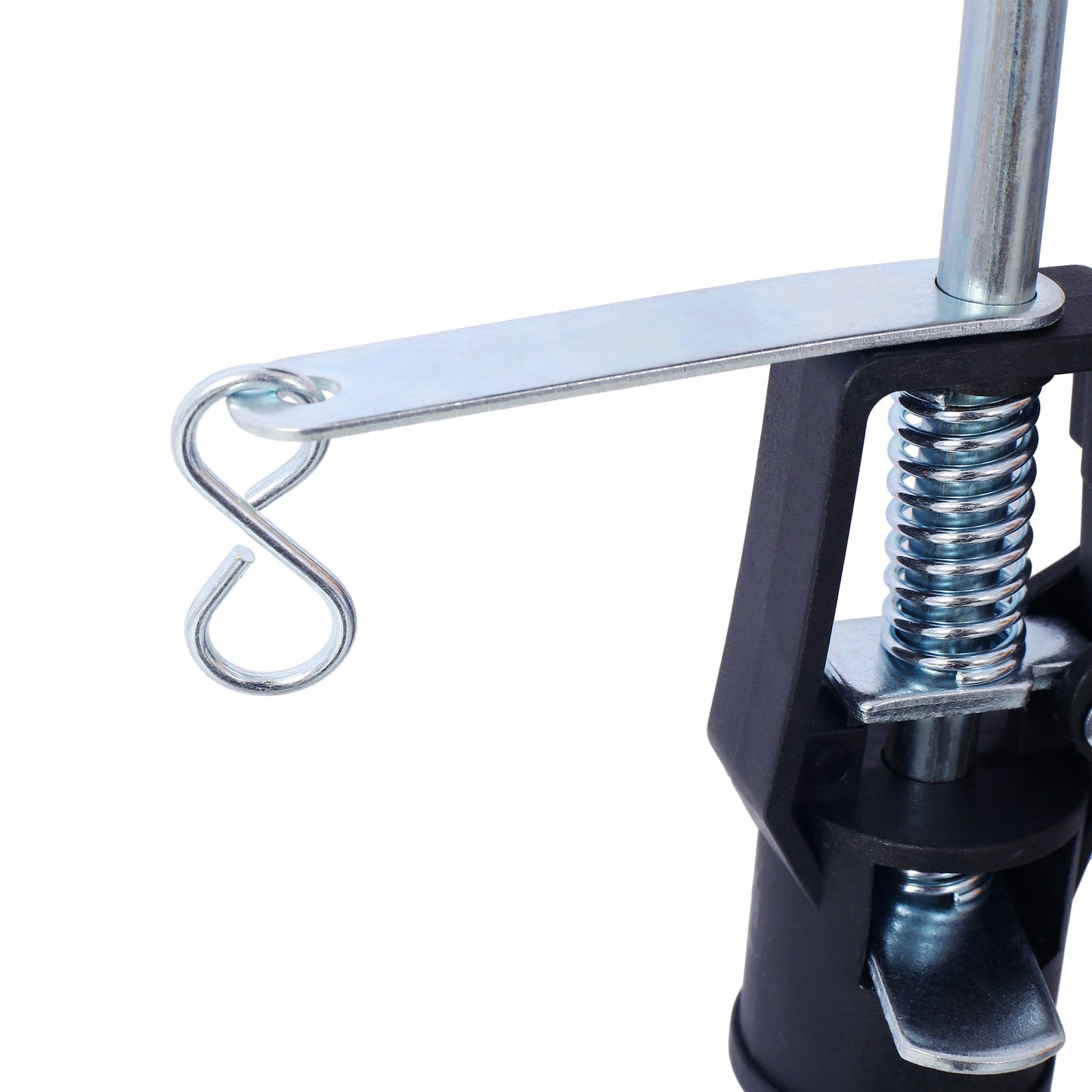 Closeup of a black plastic clamp with a silver metal spring and hook