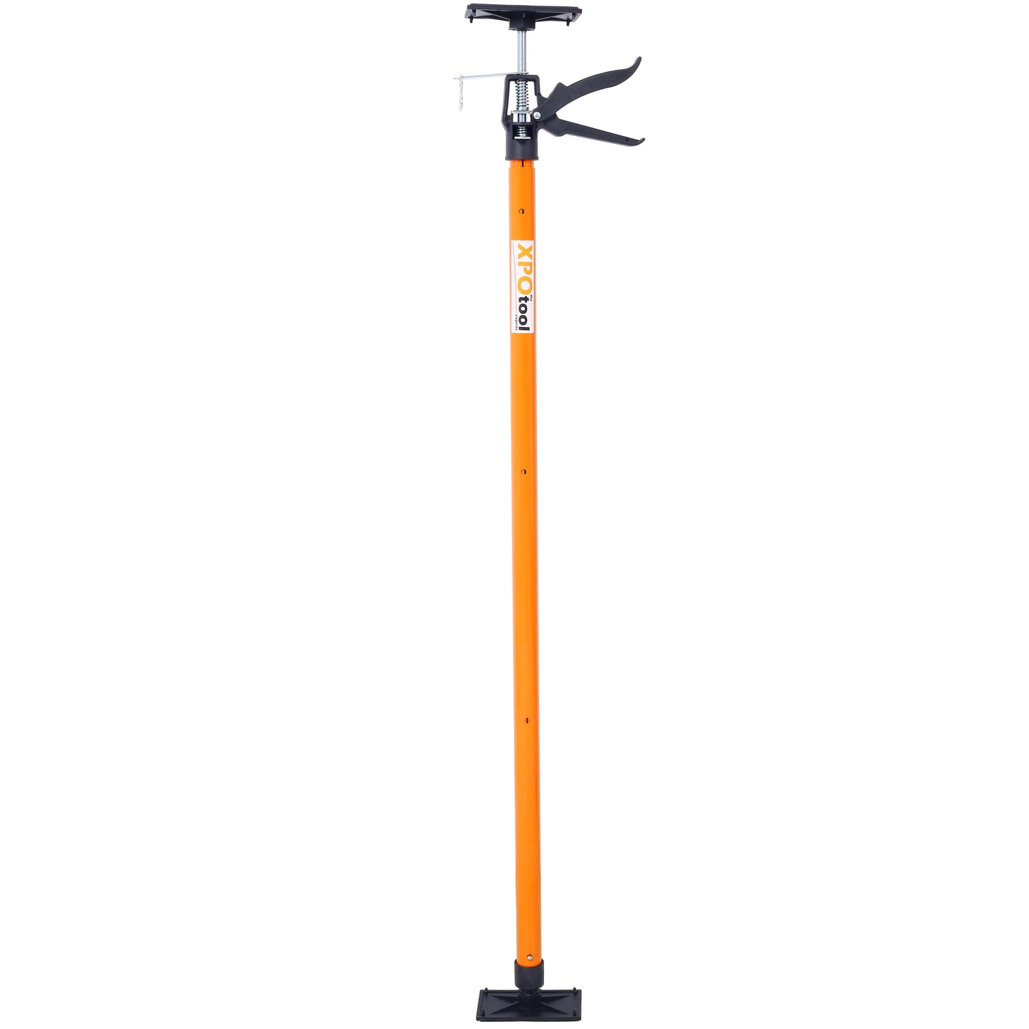 Adjustable orange support pole with black plunger handle for DIY projects