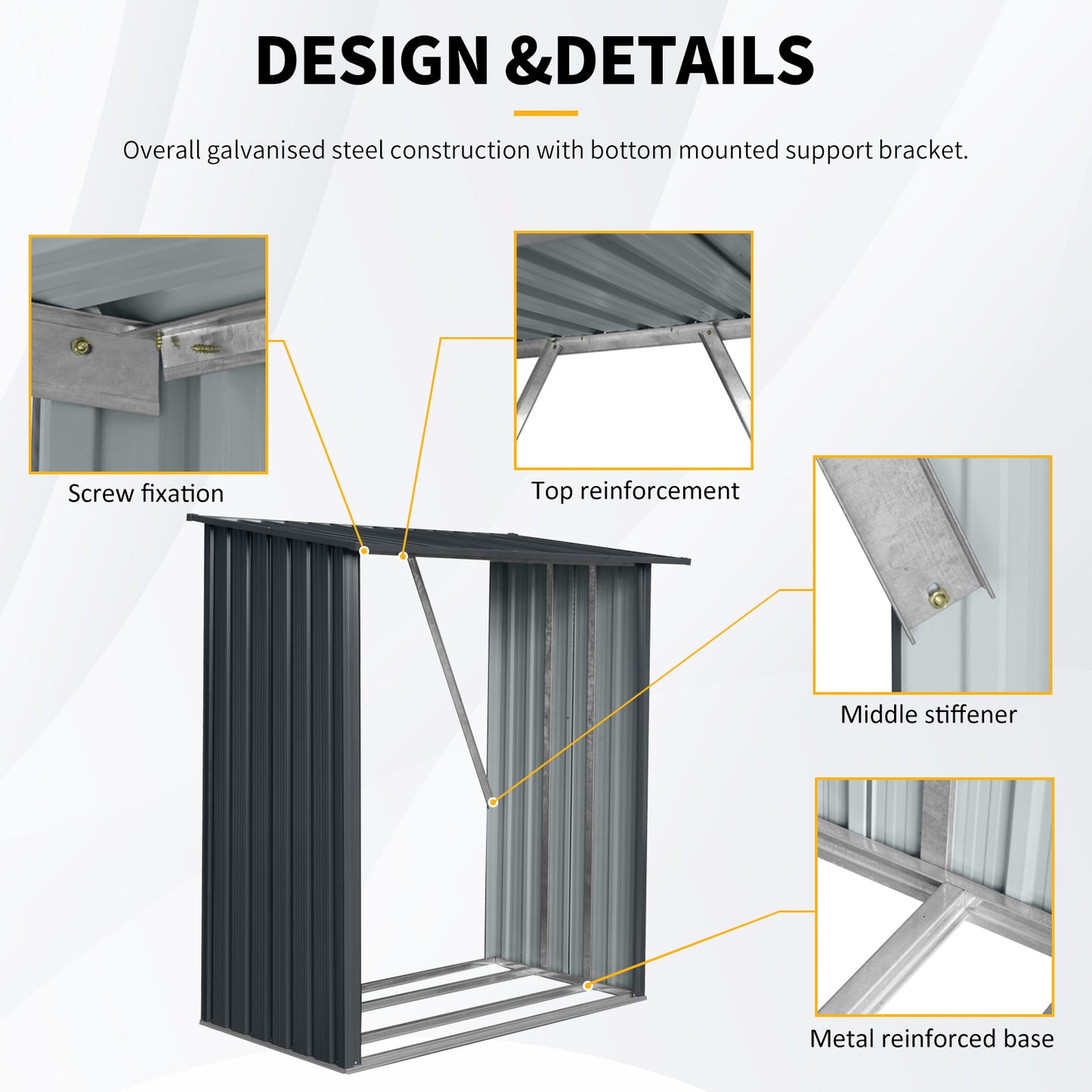 Galvanised steel firewood shed with screw fixation durable and weatherproof