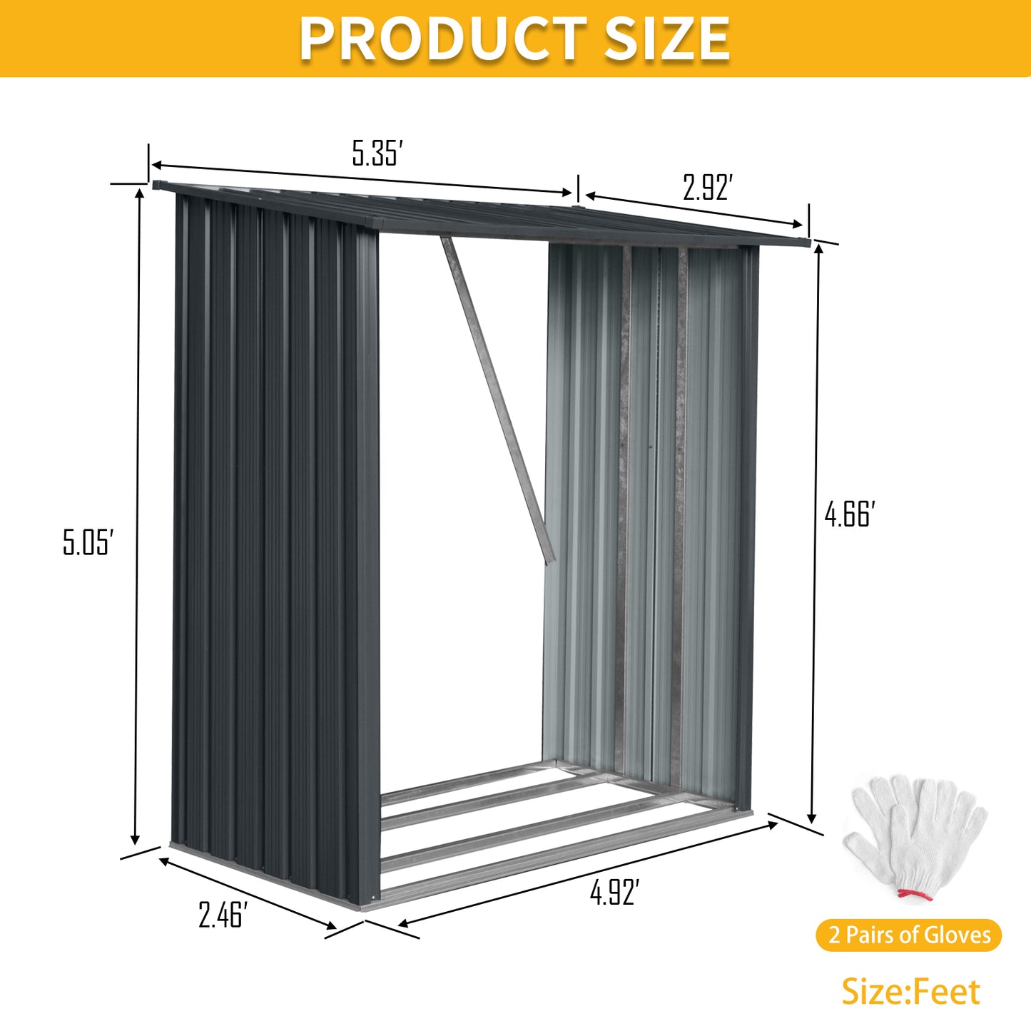 Dark grey metal log store with dimensions labeled for outdoor use