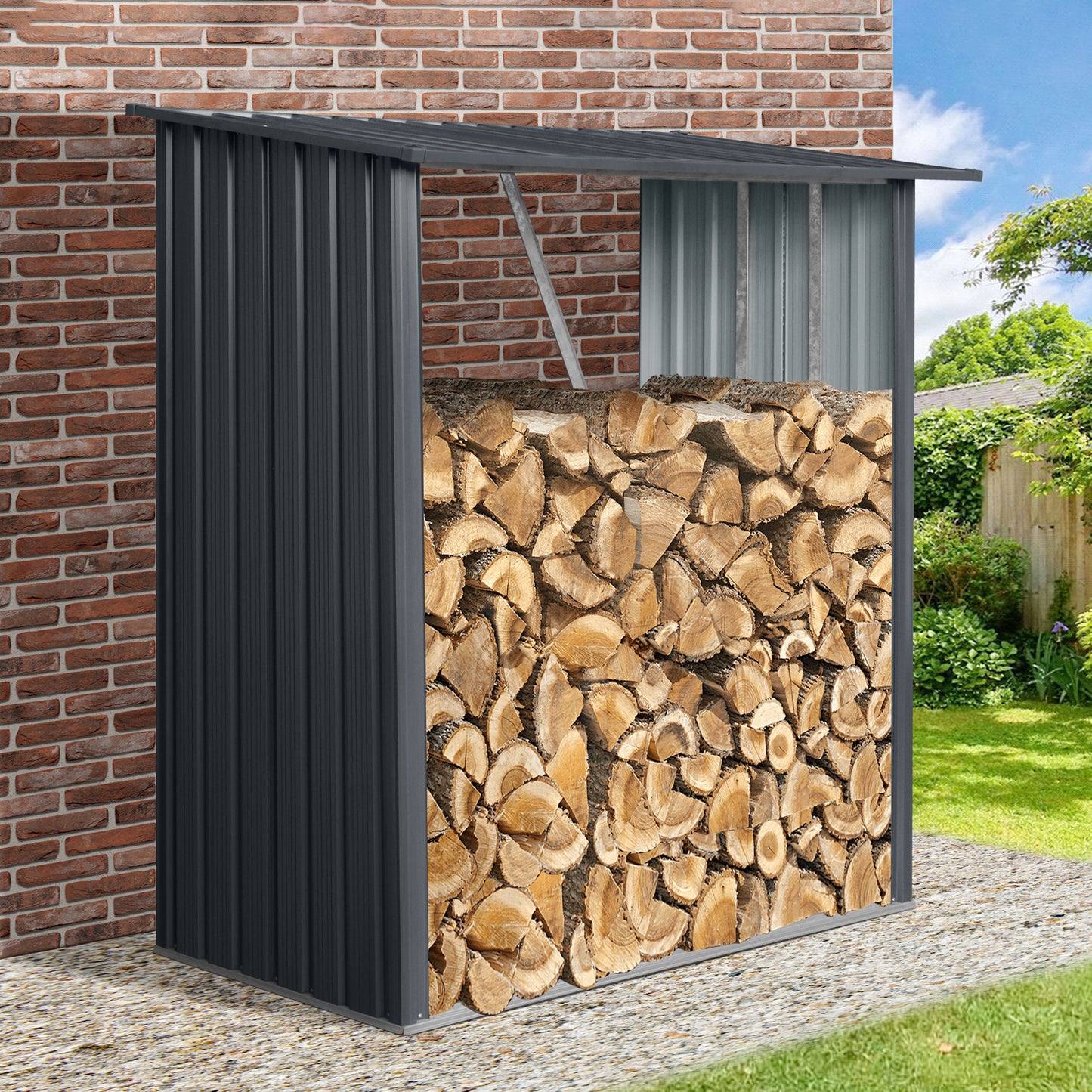 Modern charcoal grey metal firewood storage shed filled with seasoned logs