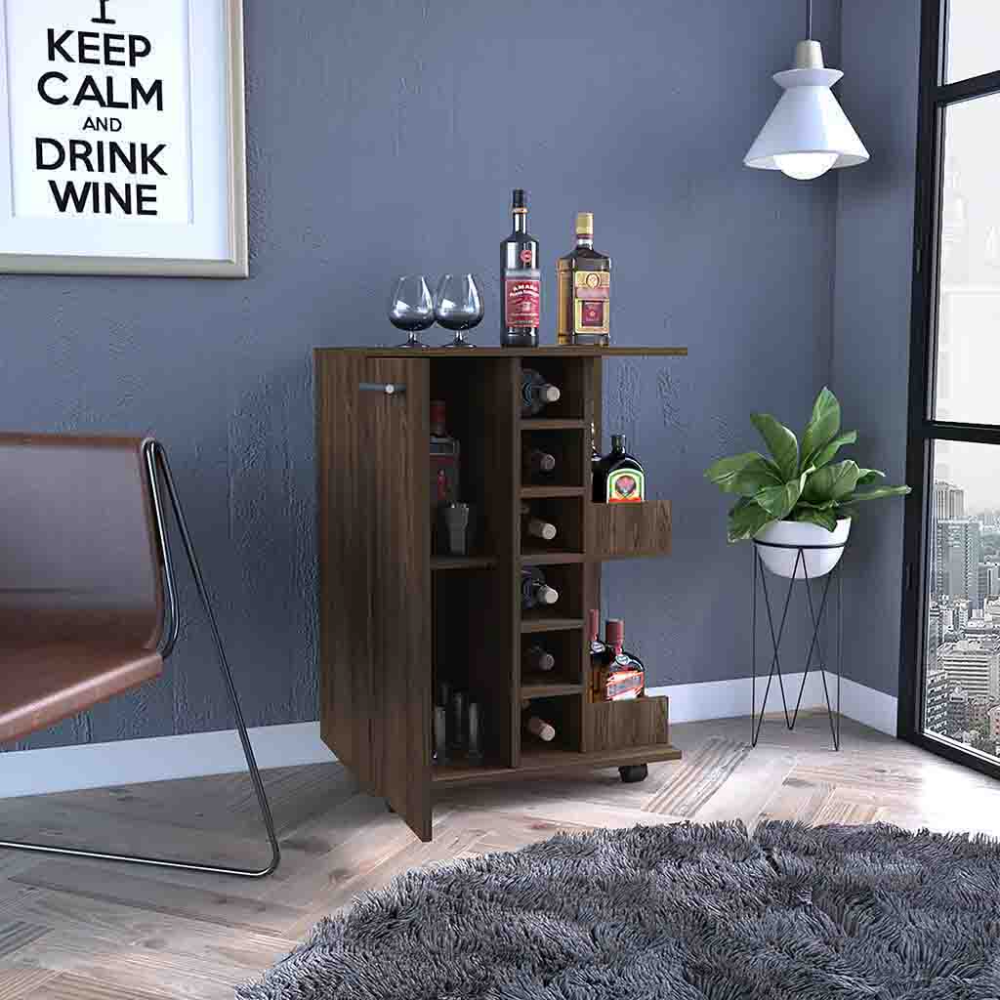 Compact dark wood bar cabinet with wine rack and glassware