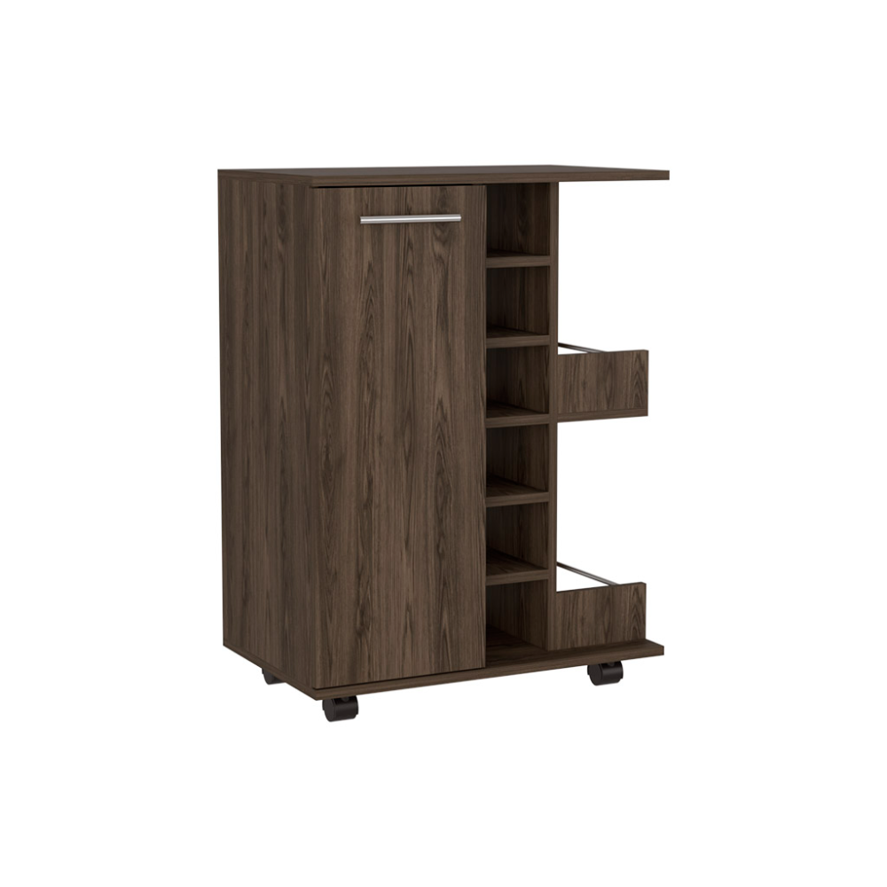 Dark wood bar cart with storage shelves and pullout drawer