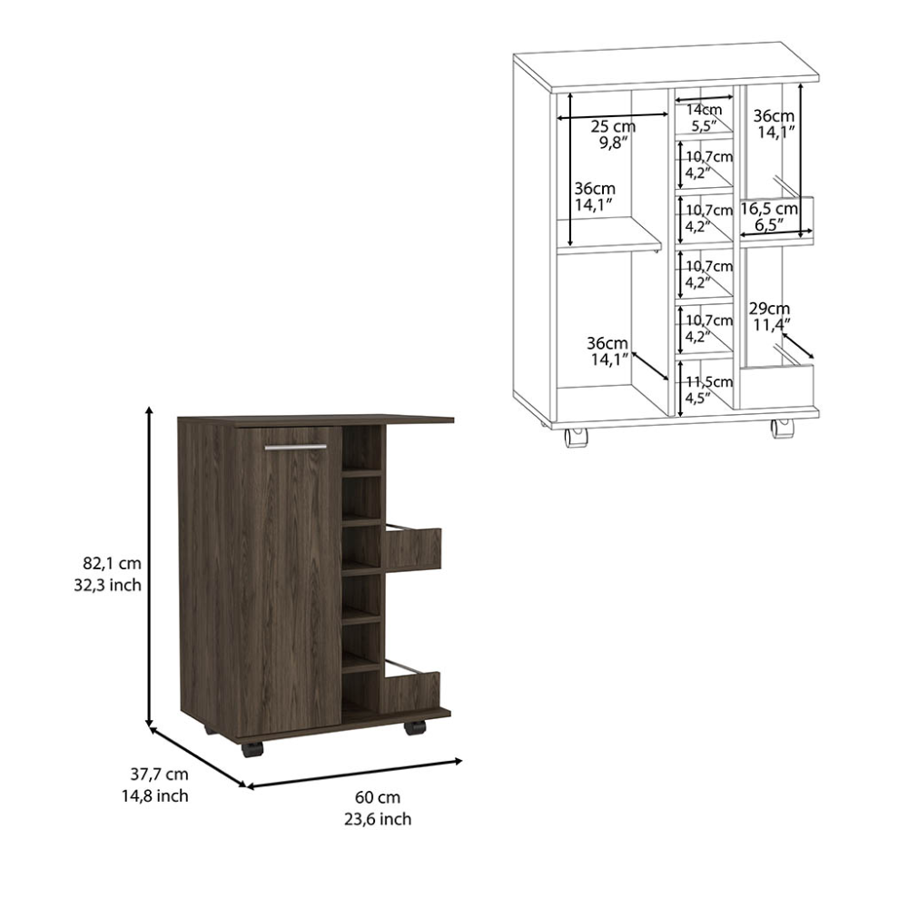 Dark wood kitchen cart with open shelving and drawer