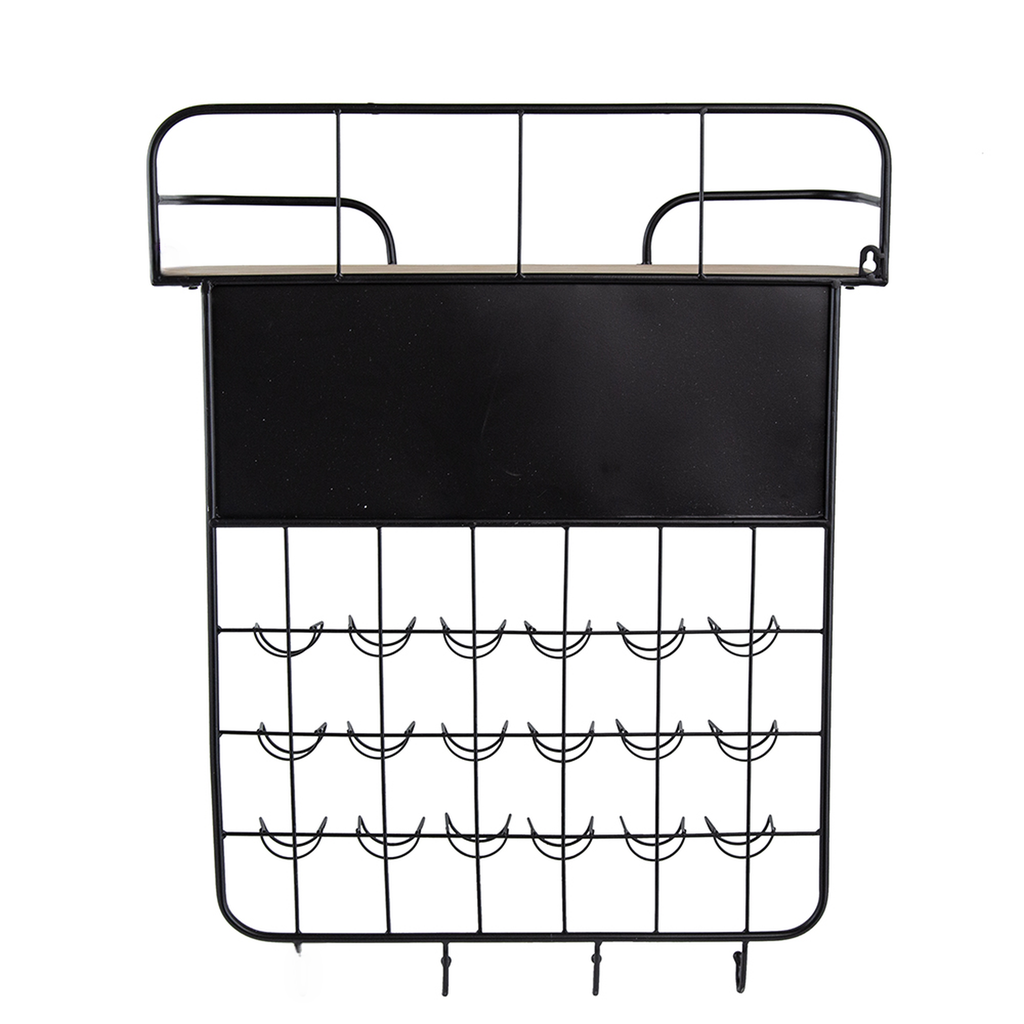 Black wire wall organizer with wood shelf and chalkboard for keys and mail