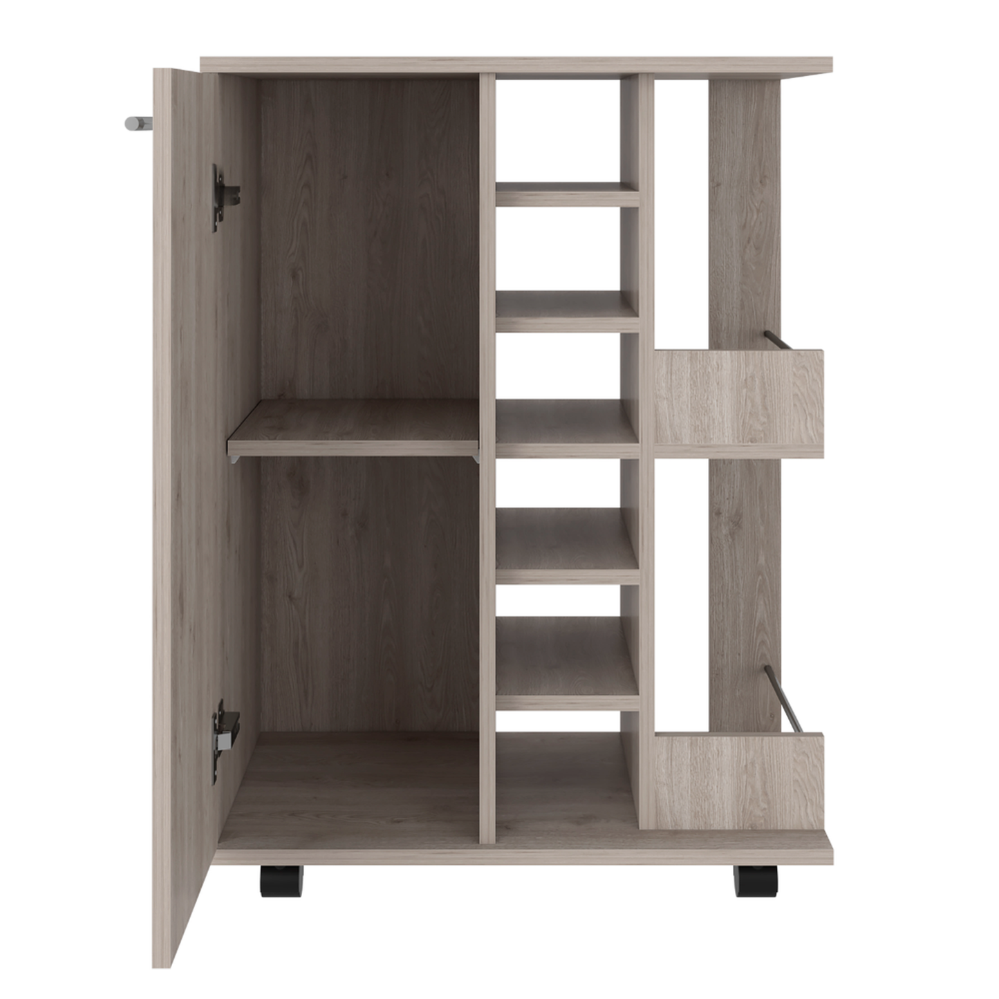 Light oak mobile storage cabinet with open shelves and a closed compartment