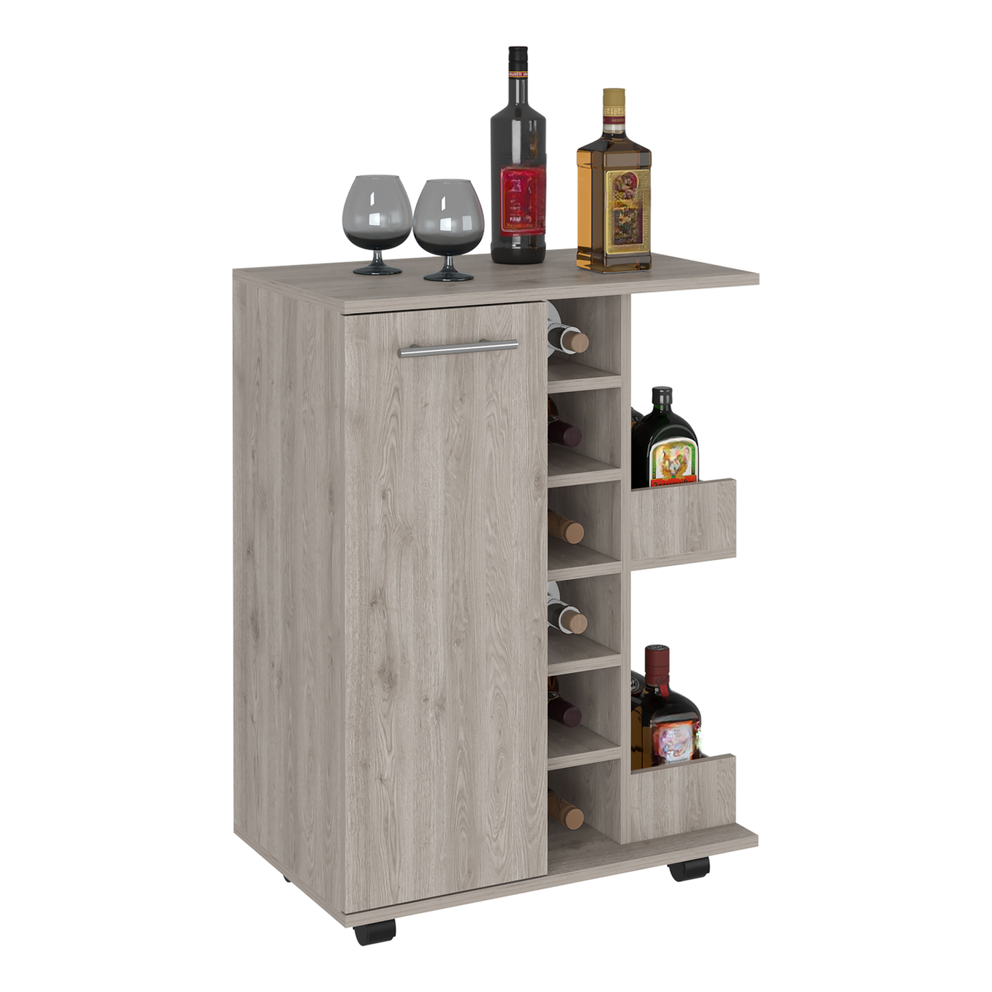 Light wood bar cart with wine rack and bottle storage