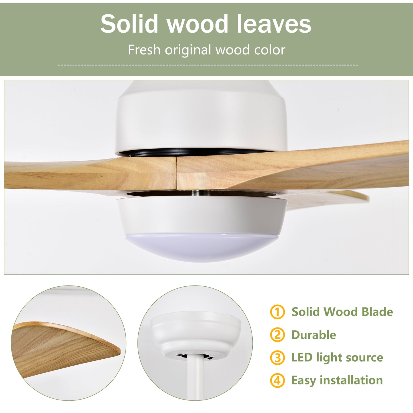 Modern white ceiling fan with natural solid wood blades and LED light