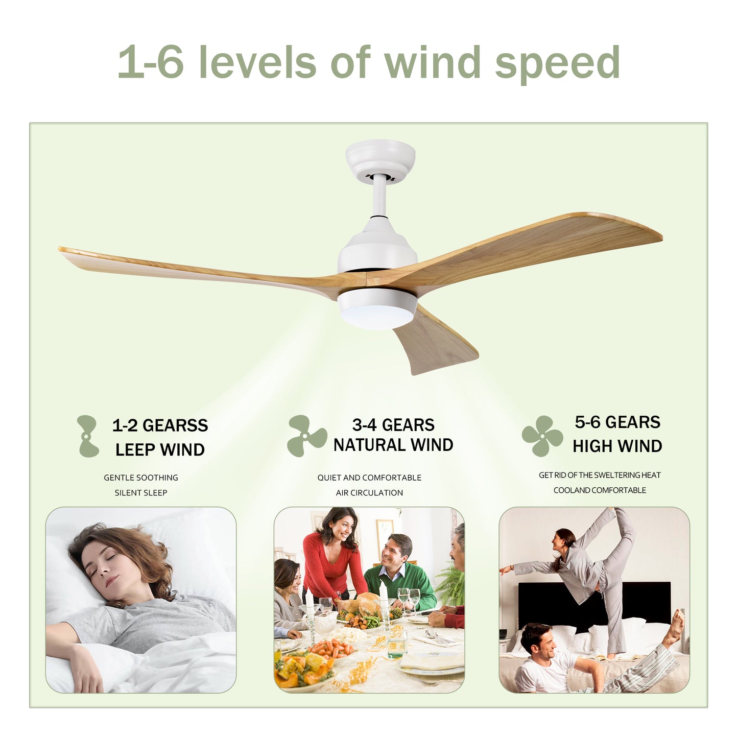 Modern white ceiling fan with natural wood blades speed settings