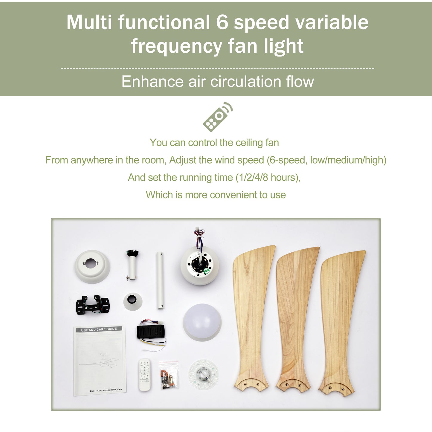 Three natural wood fan blades and a white ceiling fan motor kit