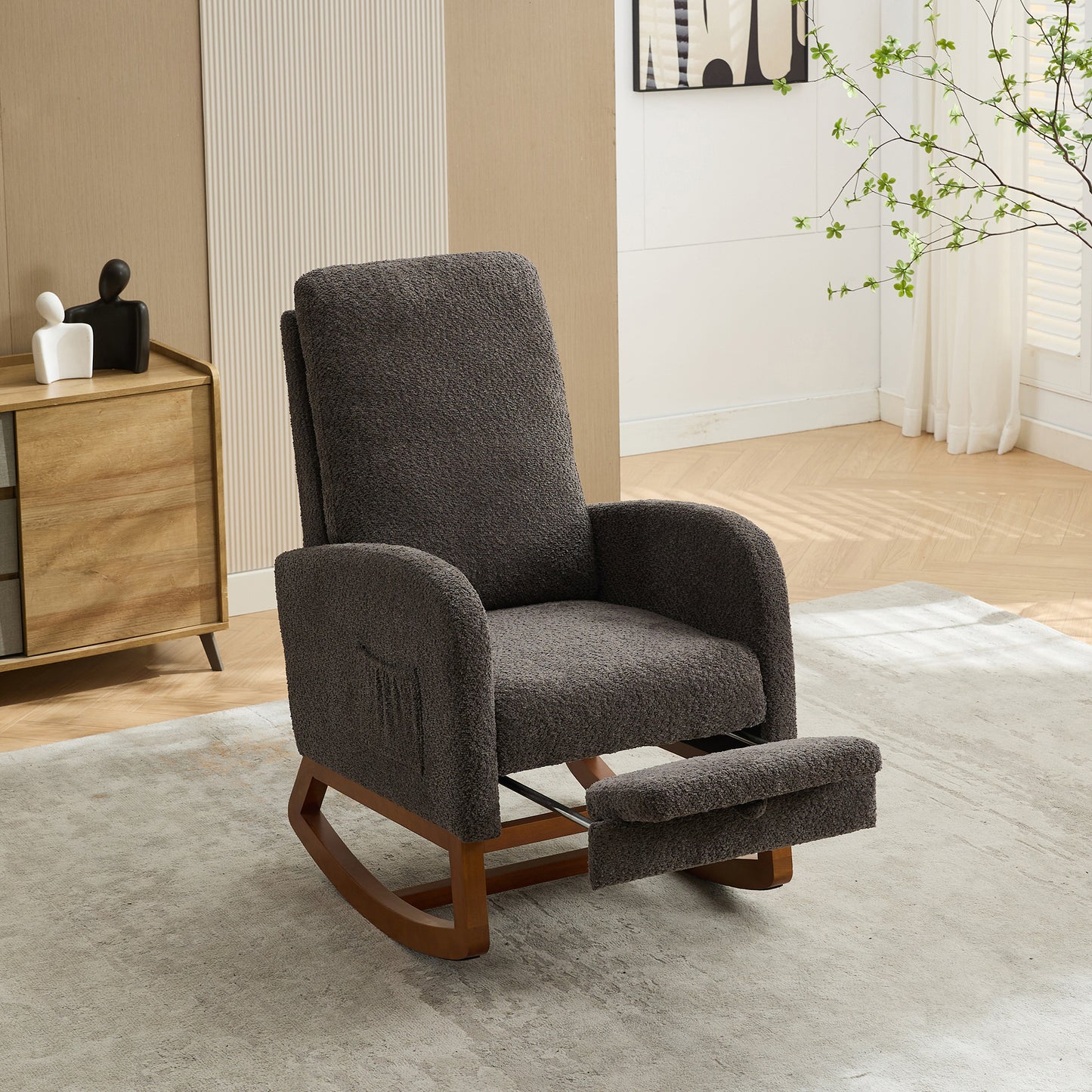 Cozy dark grey teddy fabric recliner chair with wooden rocking base and extended footrest