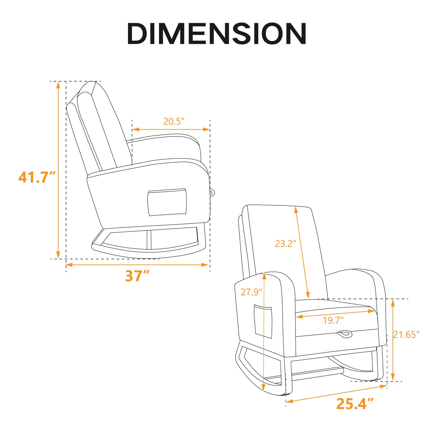 Diagram of a recliner chair showing dimensions height inches width inches