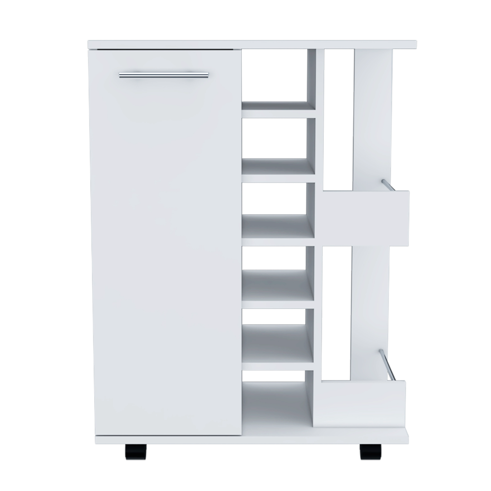 White modern bar cart with open shelving and a cabinet
