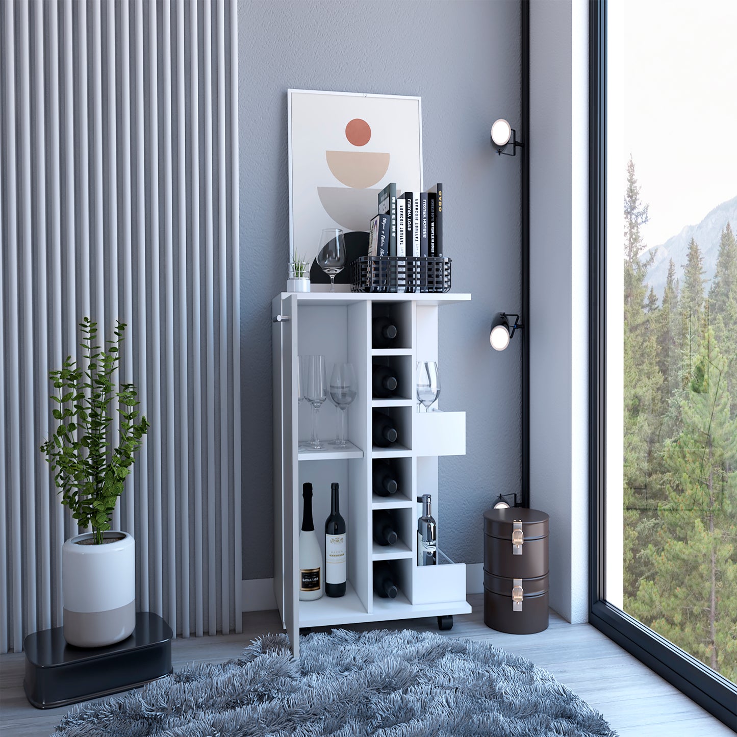 White modern bar cart with wine rack and glassware