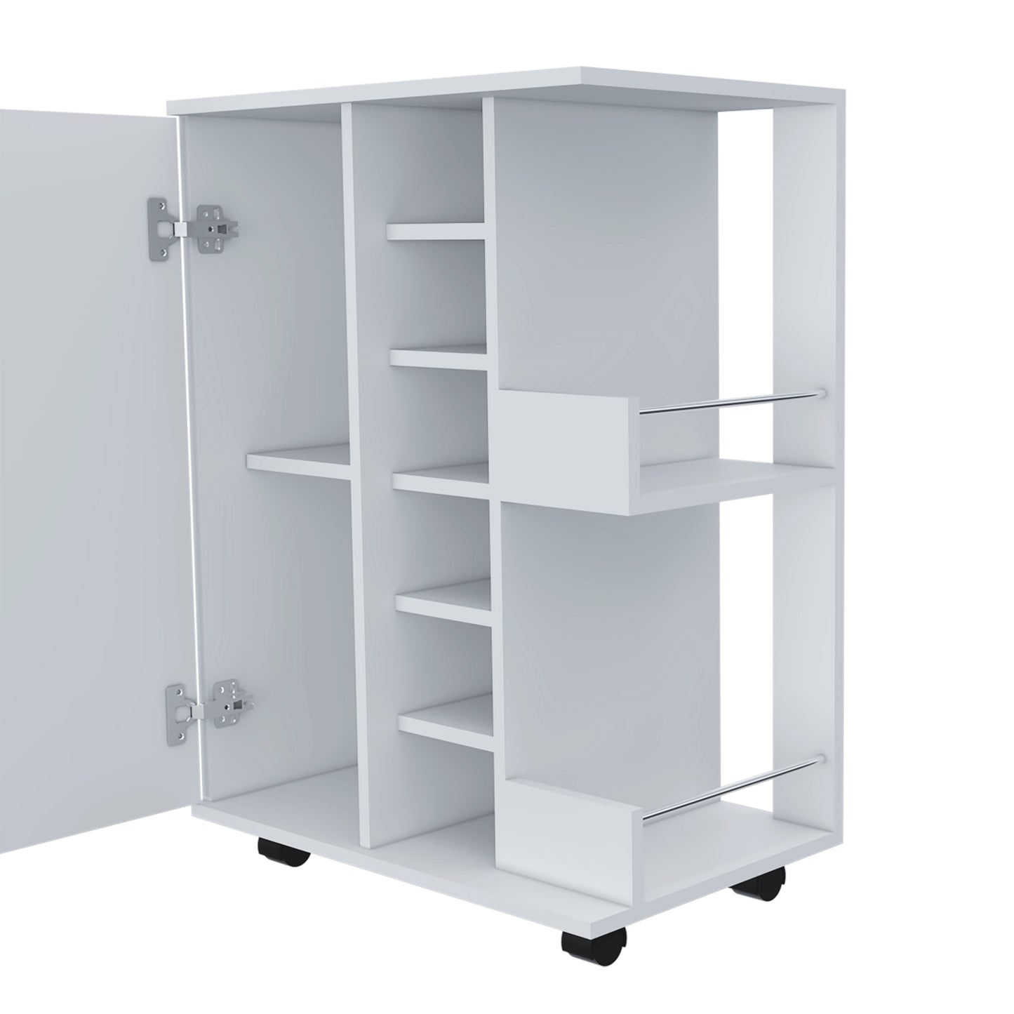 White mobile storage cabinet with open door and multiple shelves