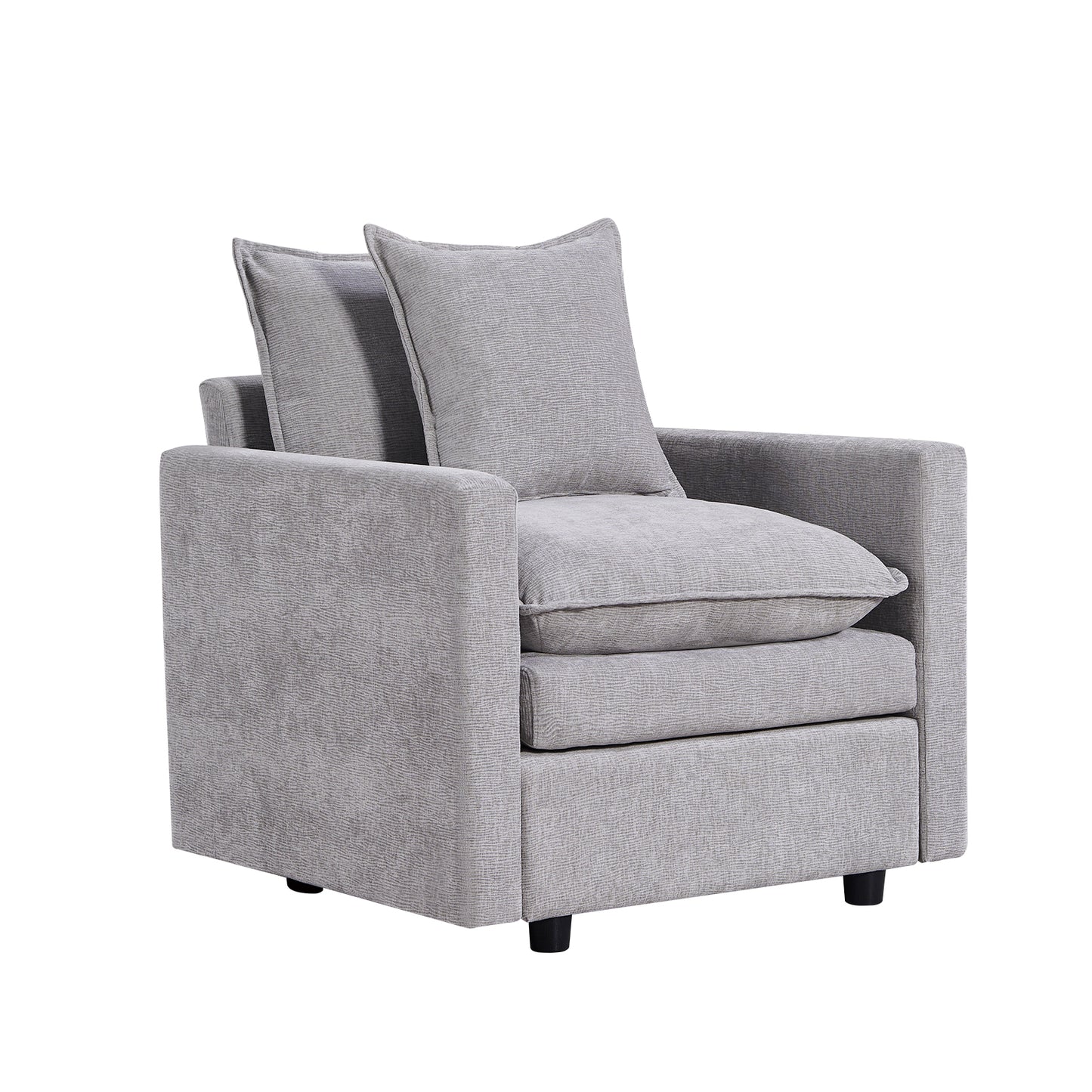 Modern grey fabric armchair with comfortable seat and back cushions