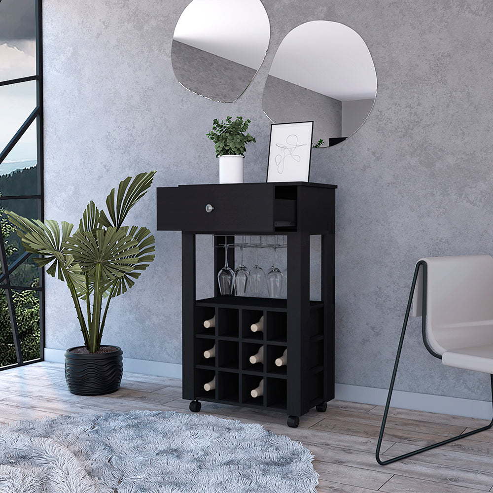 Black kitchen cart with wine rack and glass hangers