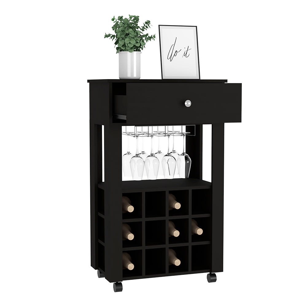 Black kitchen bar cart with wine rack and glass holder