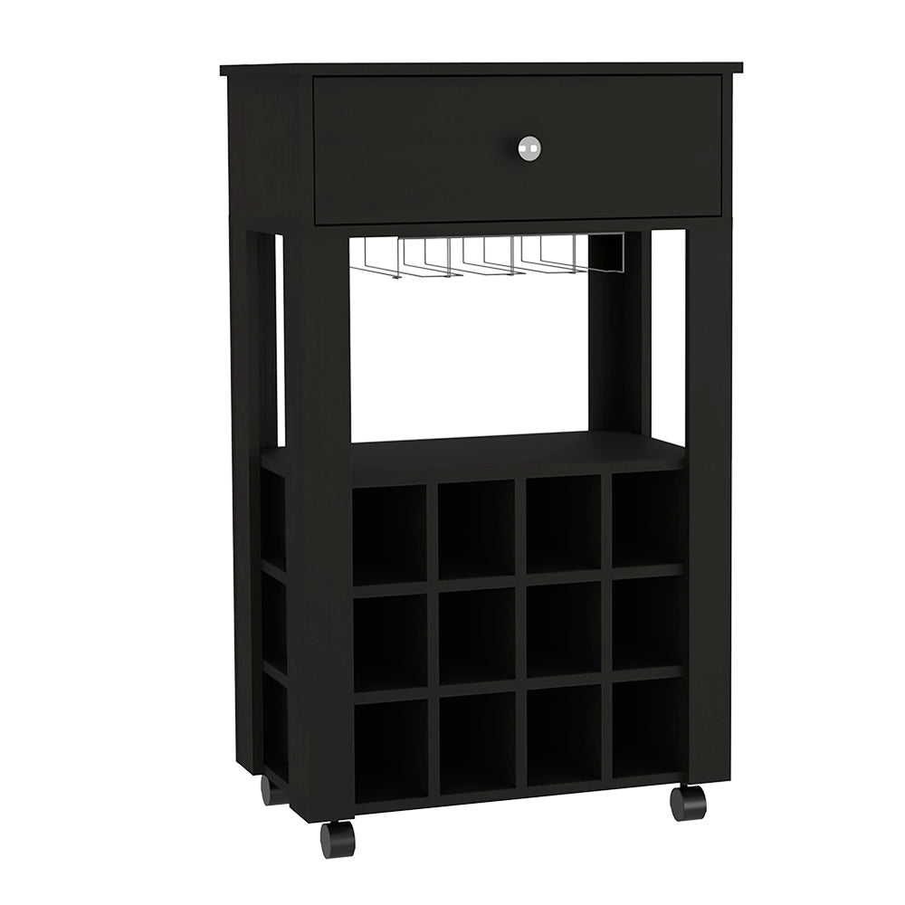 Black wooden wine cabinet with cube slots and glass rack