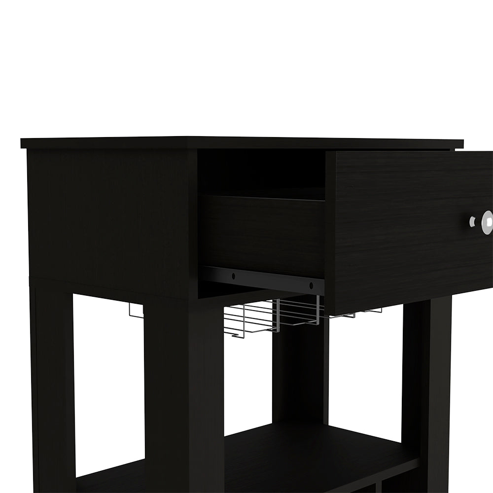 Black kitchen cart with open drawer and wine glass rack