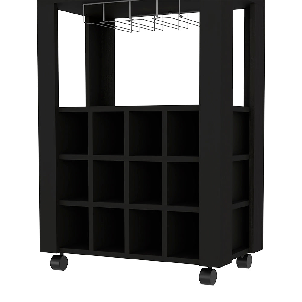 Black rolling bar cart with wine glass rack and bottle cubbies