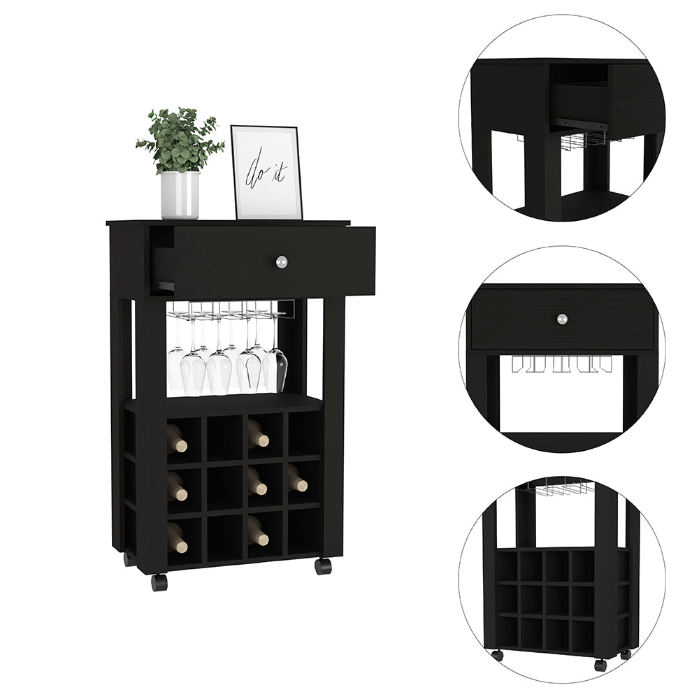 Black kitchen cart with wine rack and glass holder