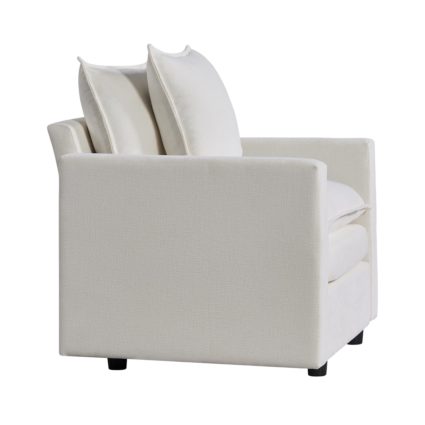 Textured cream armchair with plush back pillows for comfortable seating
