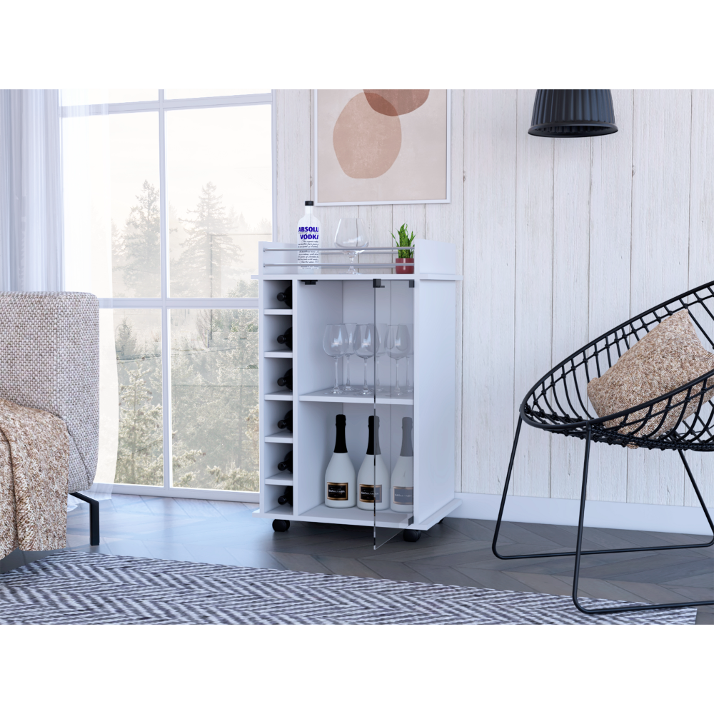 White mobile bar cart with wine rack and glass storage