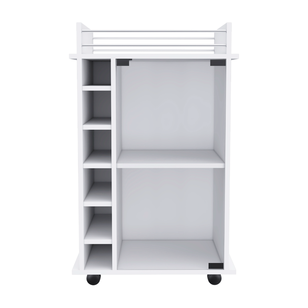White mobile storage cart with multiple open shelves and a metal top rail