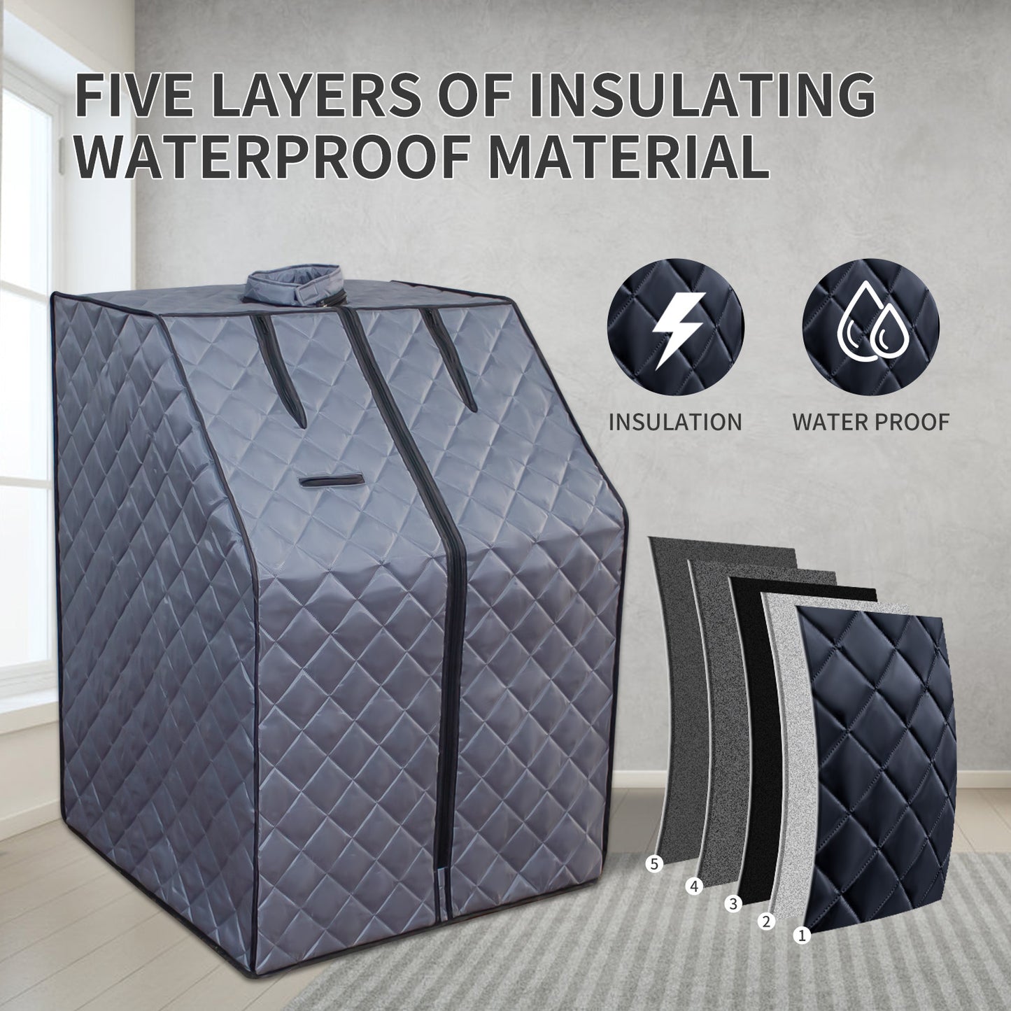 Gray quilted portable sauna tent with five insulating layers shown