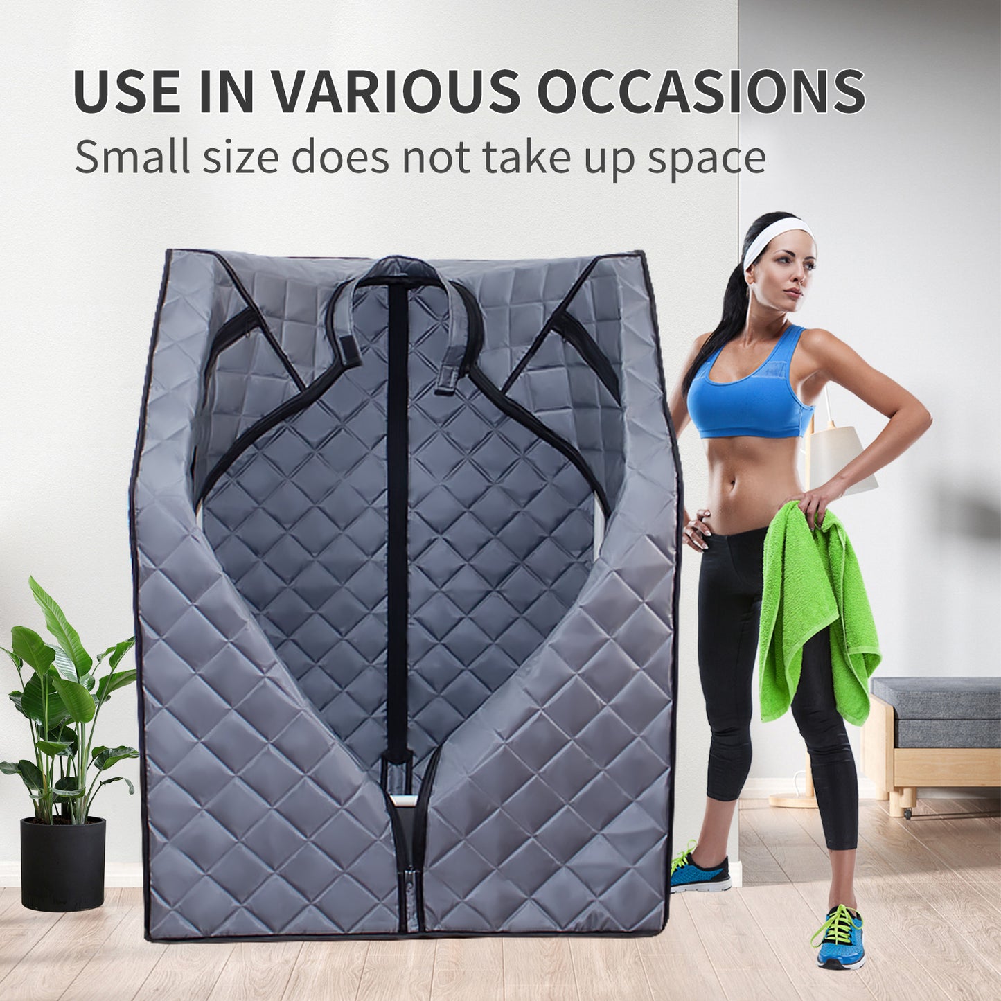 Gray quilted portable sauna tent with a front zipper closure ideal for home use