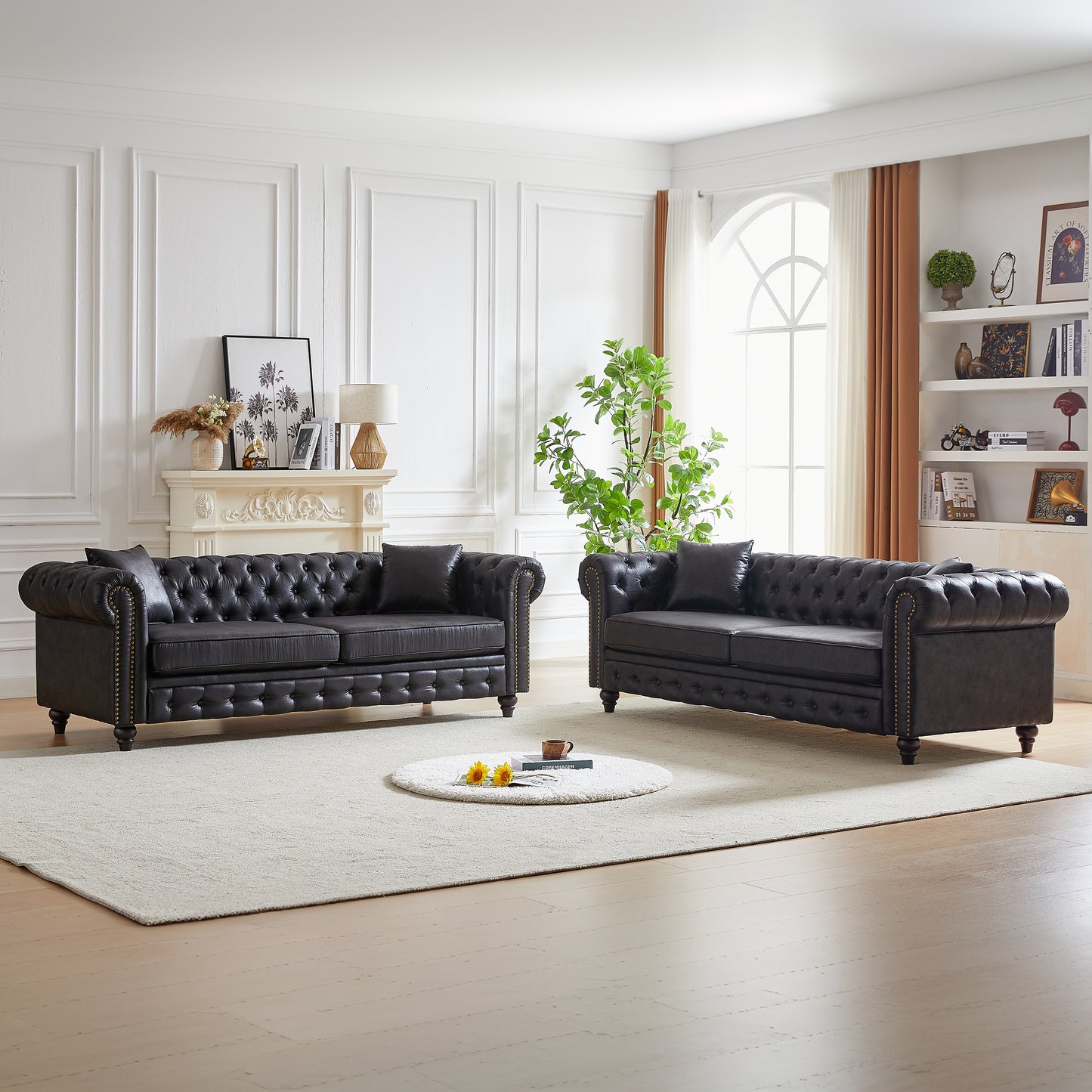 Tufted dark brown leather chesterfield sofa with bronze nailhead trim classic living room furniture