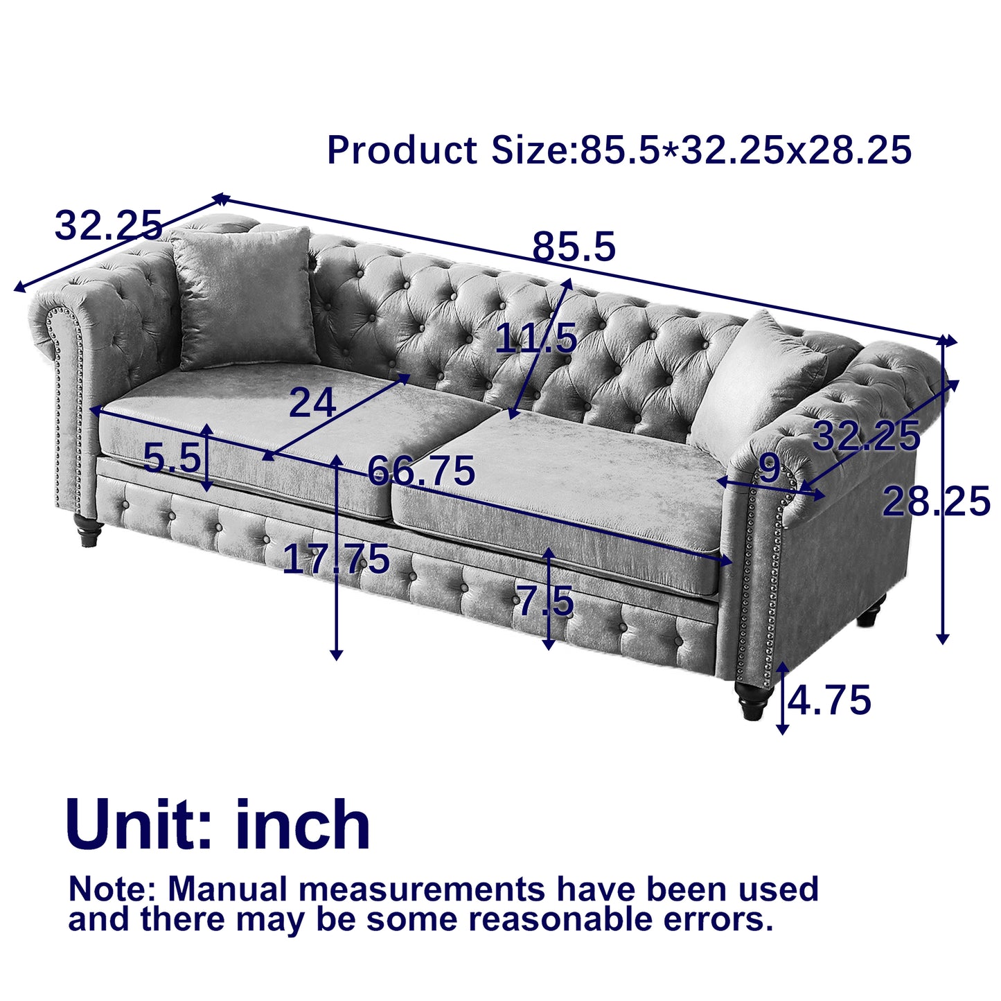 Gray velvet chesterfield sofa with tufted back cushions and silver nailhead trim